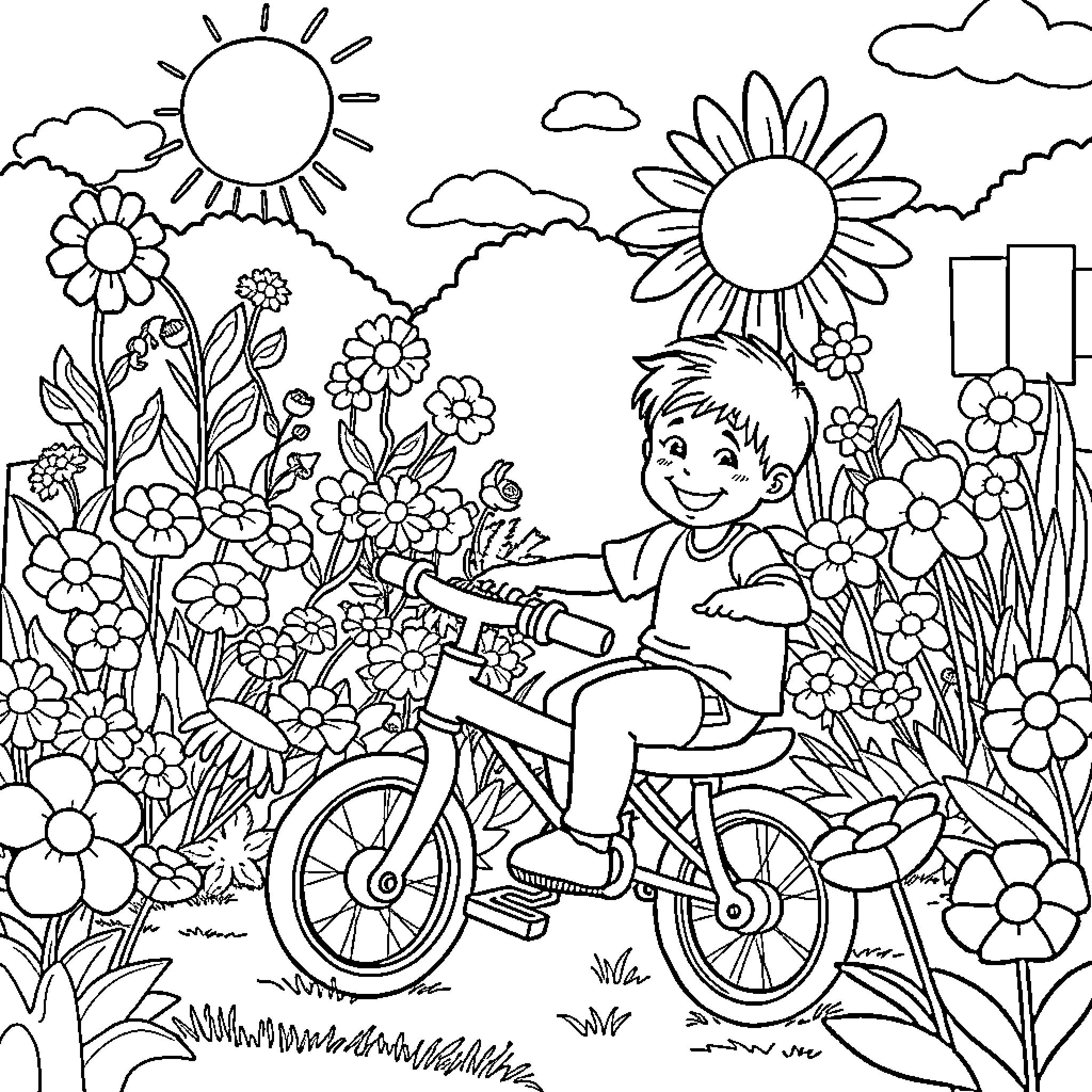 Boy riding bicycle in blooming garden Coloring Page (free black-and-white line drawing printable PDF for all, from beginners to advanced learners, including children, teens, adults, and seniors)