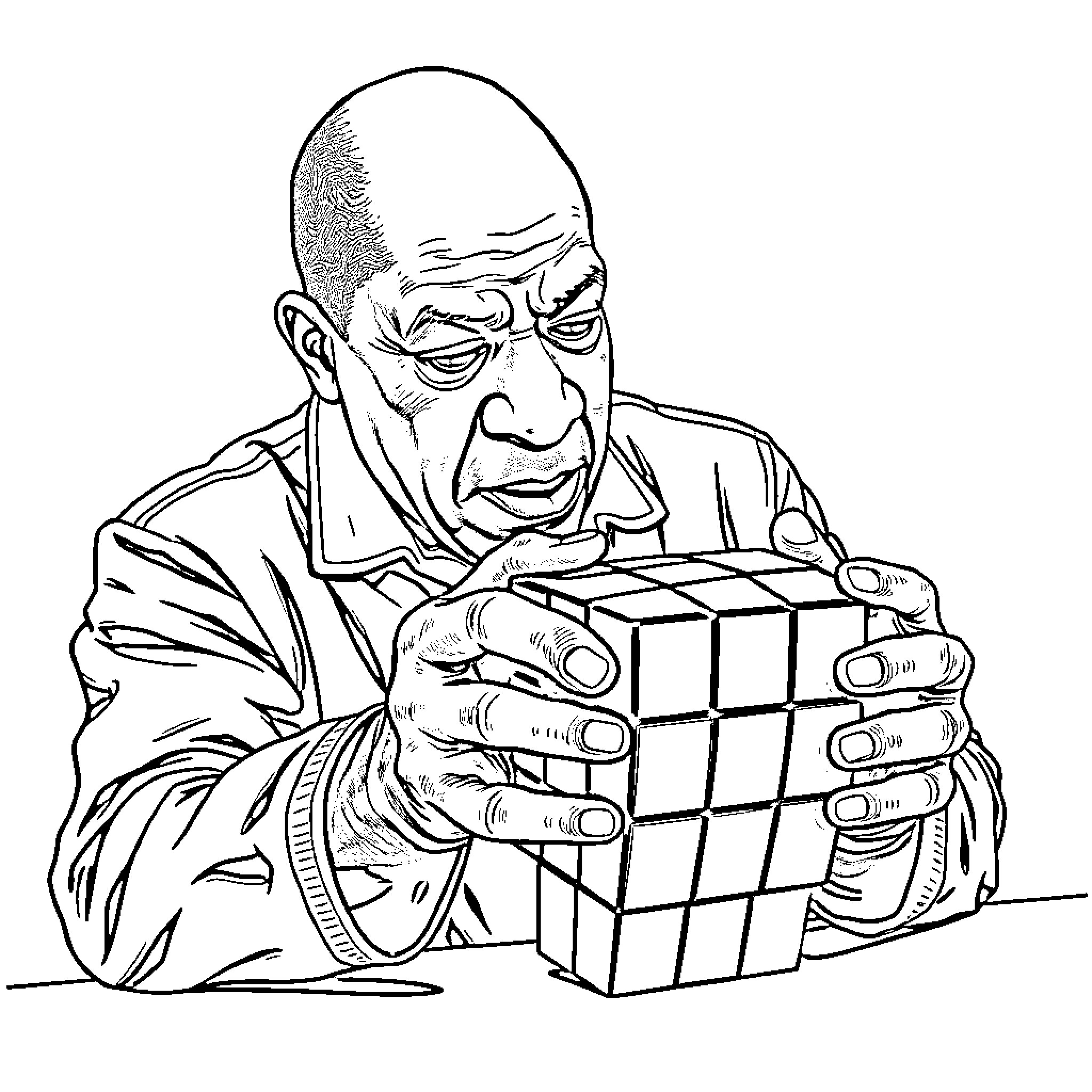 Bill Cosby Solving a Rubik's Cube with Concentration Coloring Page (free black-and-white line drawing printable PDF for all, from beginners to advanced learners, including children, teens, adults, and seniors)