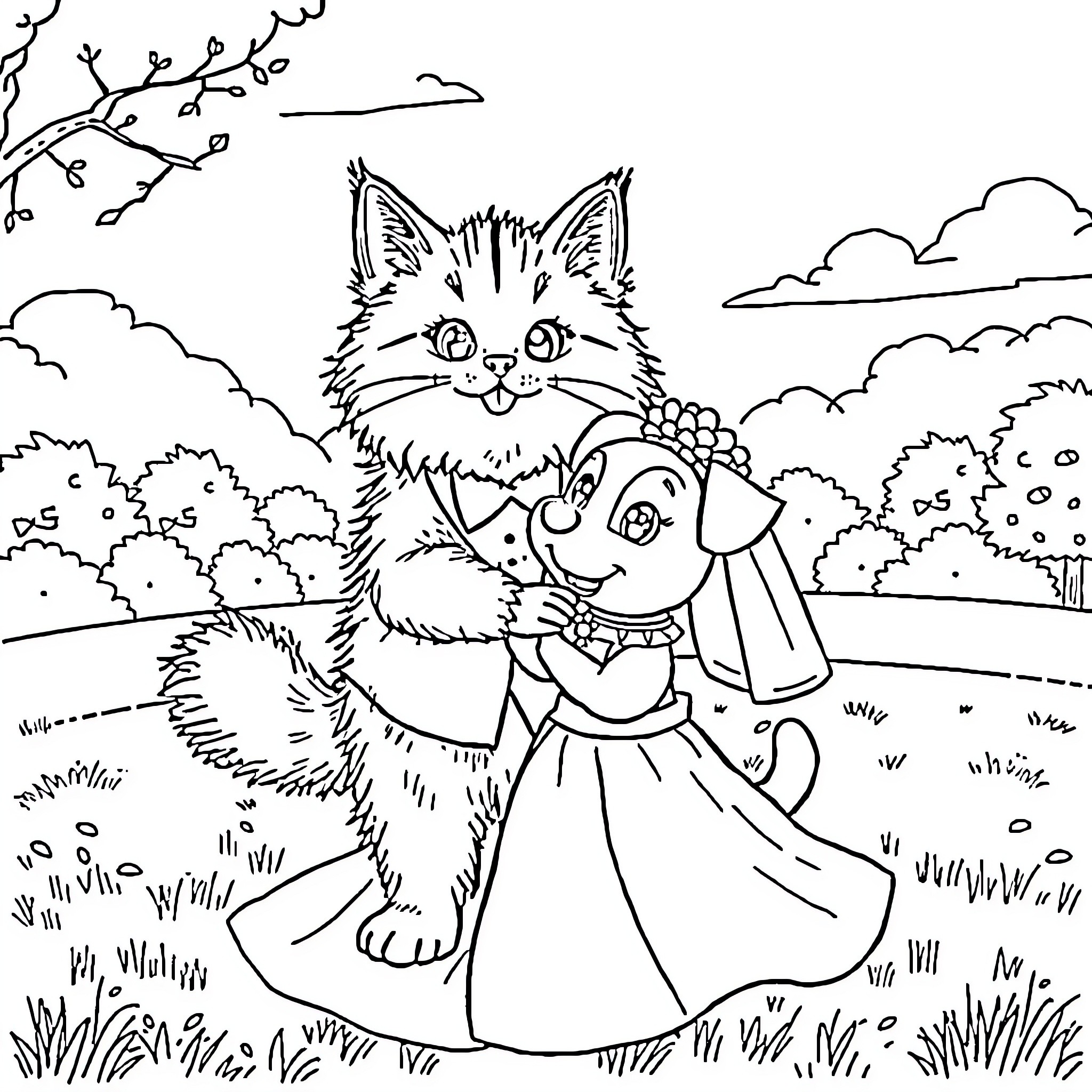 Cat wearing a dress in a field Coloring Page (free black-and-white line drawing printable PDF for all, from beginners to advanced learners, including children, teens, adults, and seniors)