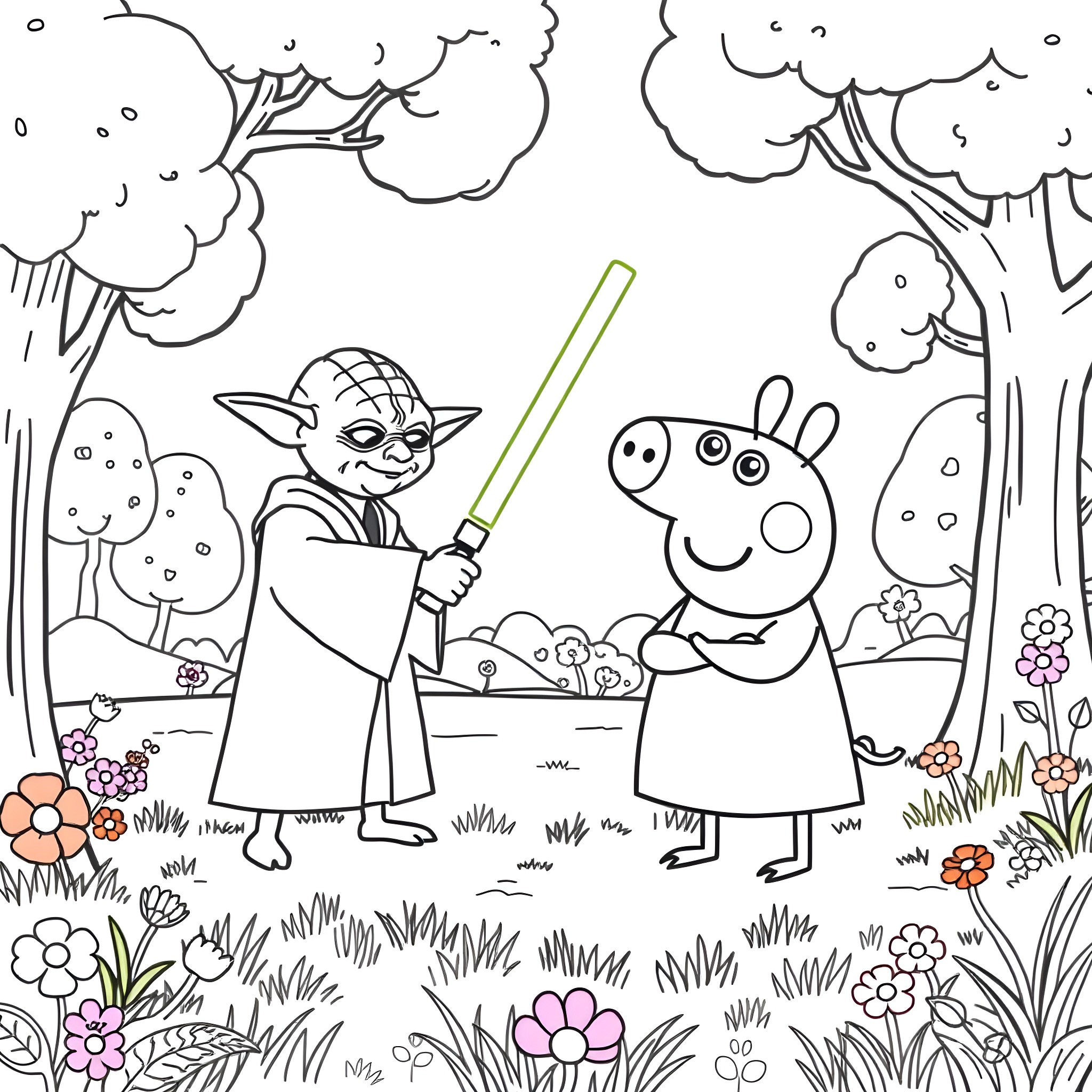 Yoda teaching Peppa Pig about the Force in the forest Coloring Page (free black-and-white line drawing printable PDF for all, from beginners to advanced learners, including children, teens, adults, and seniors)