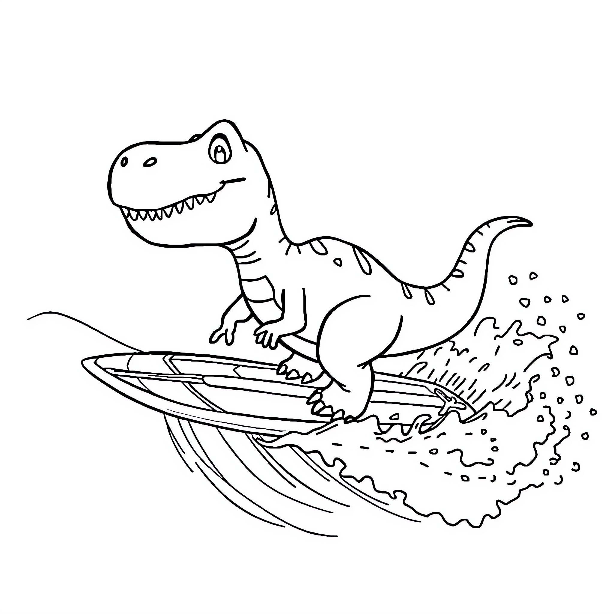 Dinosaur surfing on ocean waves Coloring Page (free black-and-white line drawing printable PDF for all, from beginners to advanced learners, including children, teens, adults, and seniors)