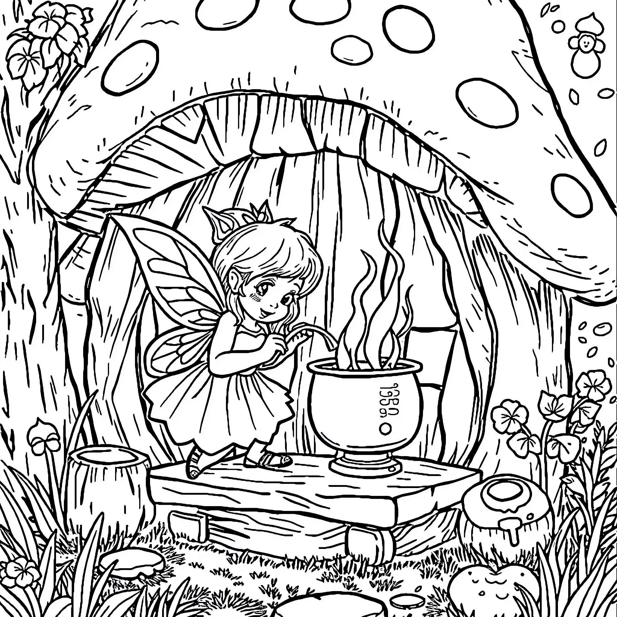Fairy gathering ingredients in the enchanted forest Coloring Page (free black-and-white line drawing printable PDF for all, from beginners to advanced learners, including children, teens, adults, and seniors)
