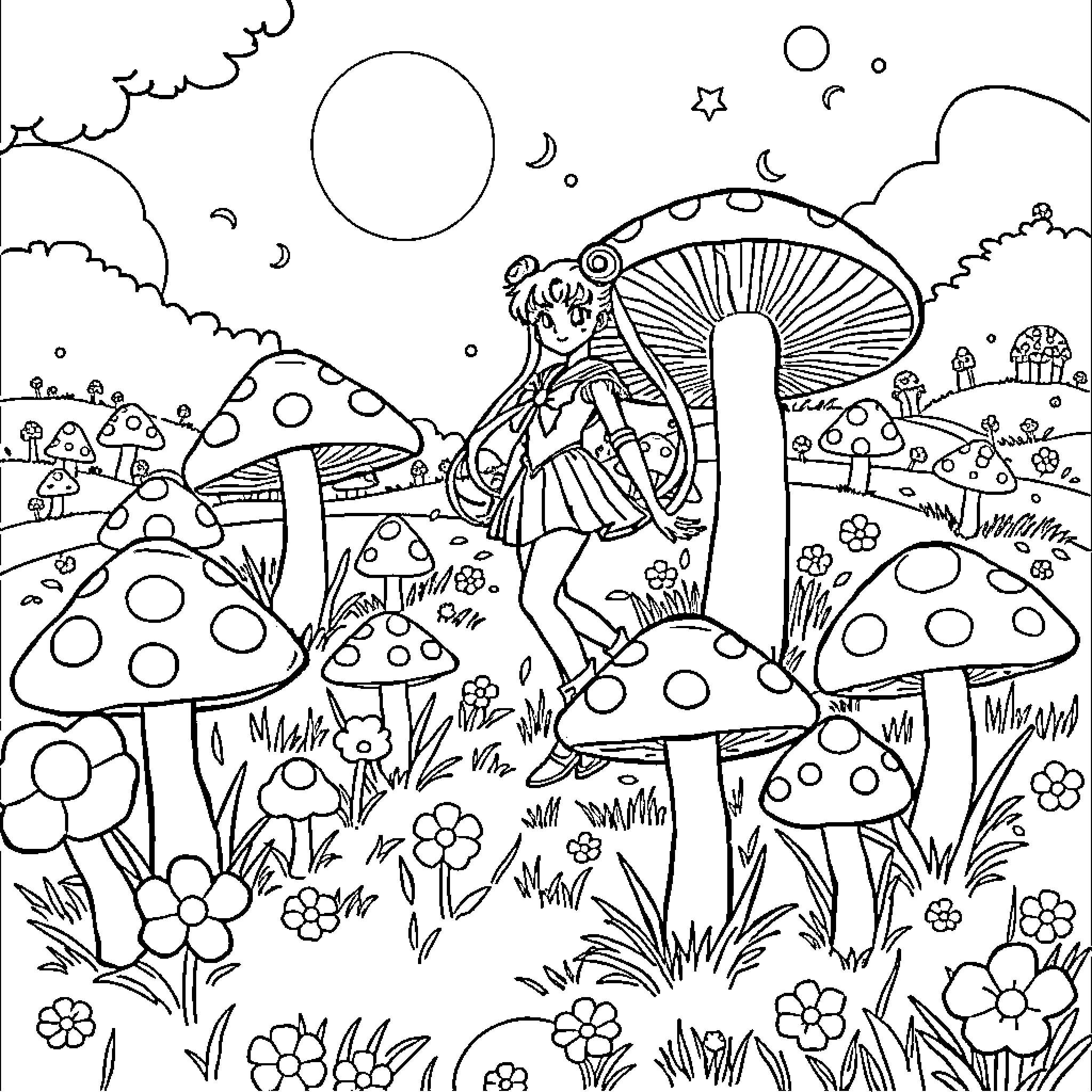 Sailor Moon exploring a whimsical mushroom forest Coloring Page (free black-and-white line drawing printable PDF for all, from beginners to advanced learners, including children, teens, adults, and seniors)