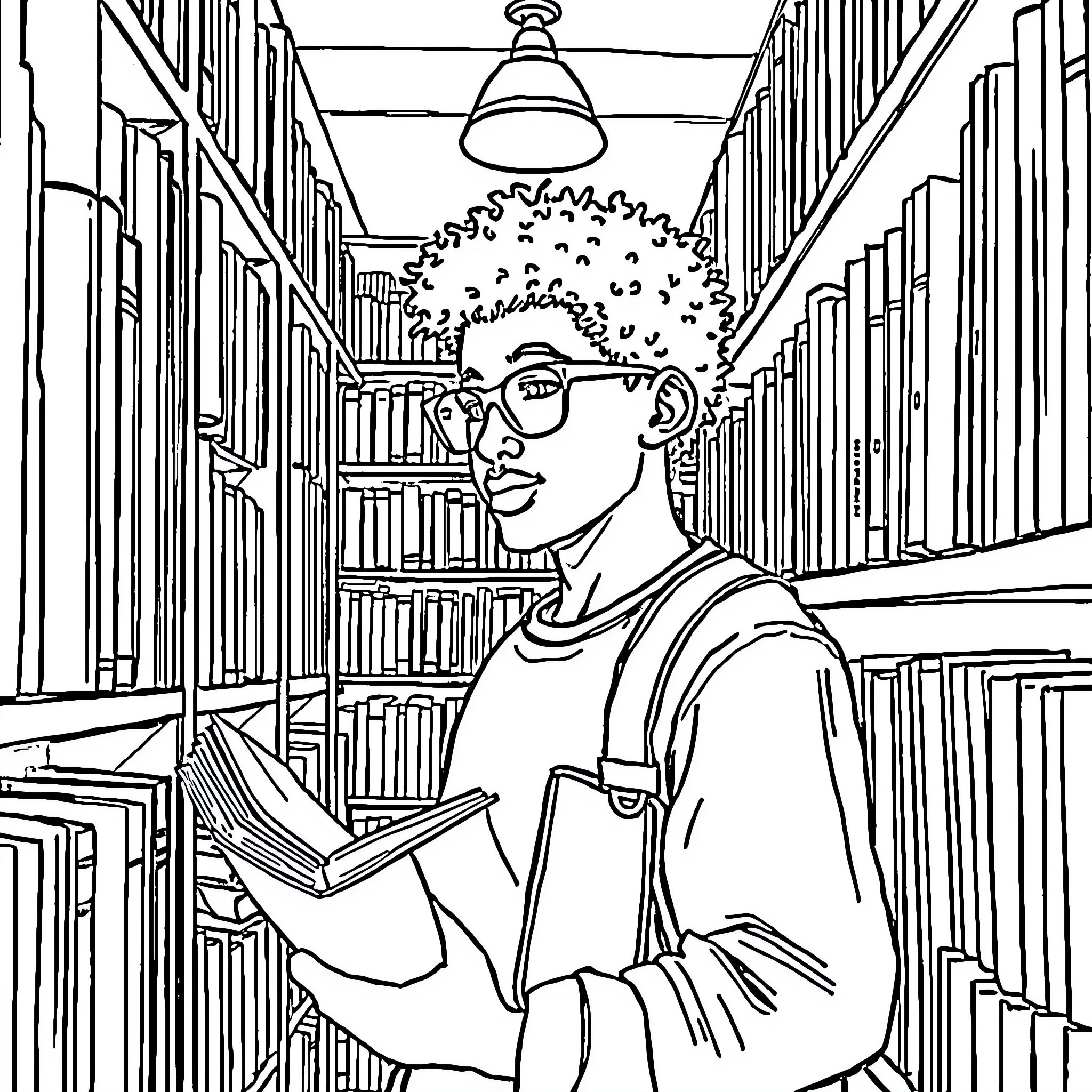 Adult in a library examining a book Coloring Page (free black-and-white line drawing printable PDF for all, from beginners to advanced learners, including children, teens, adults, and seniors)