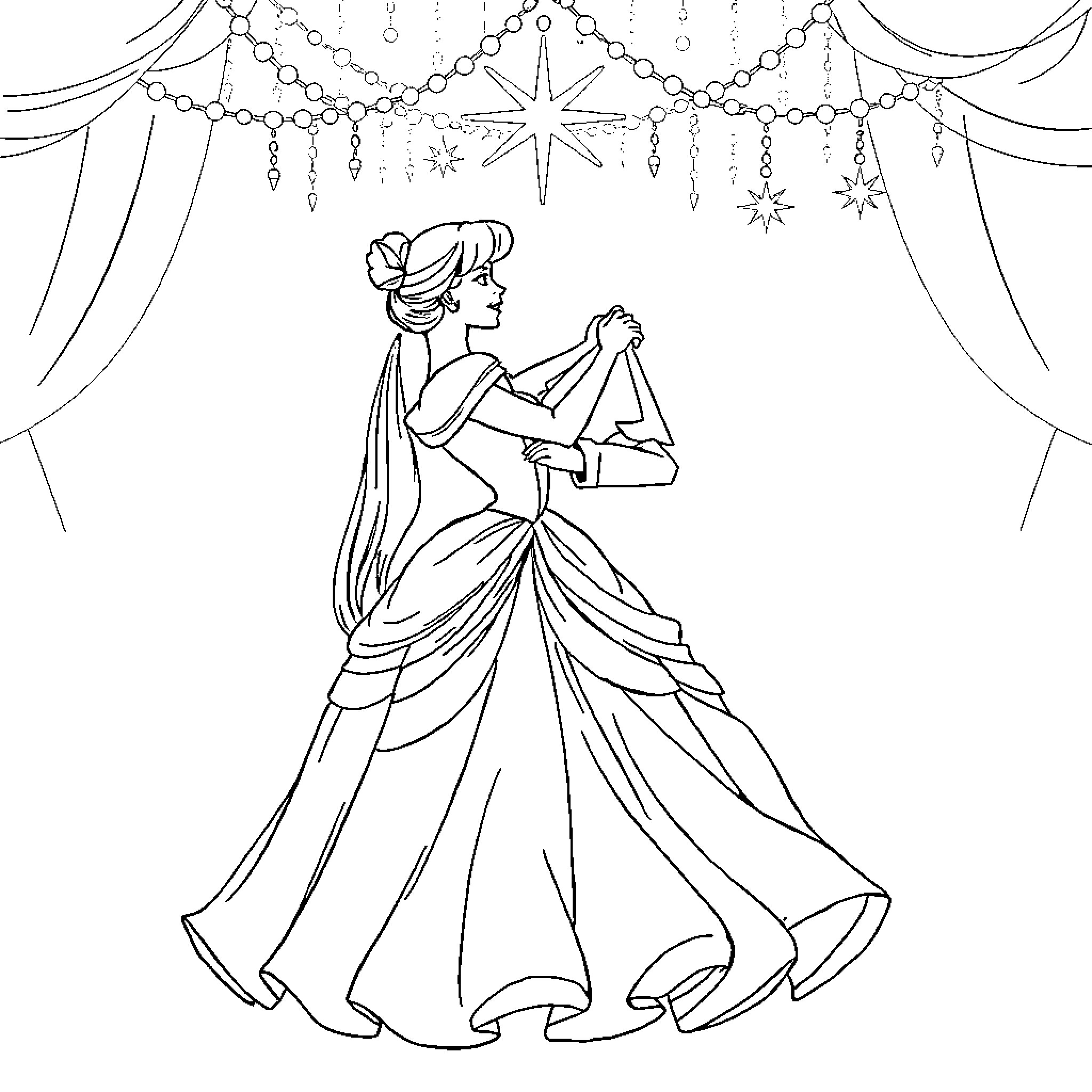 Cinderella in her beautiful ball gown Coloring Page (free black-and-white line drawing printable PDF for all, from beginners to advanced learners, including children, teens, adults, and seniors)