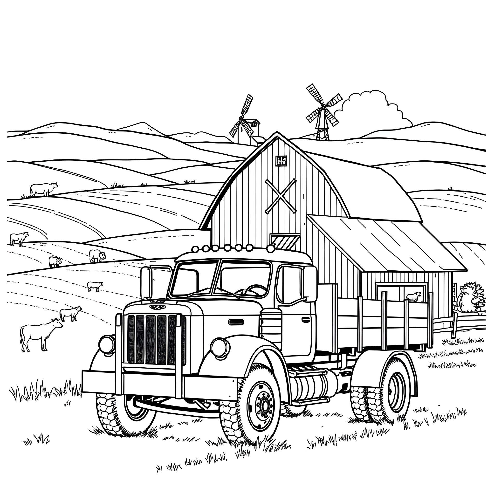 Truck hauling goods through rural countryside Coloring Page (free black-and-white line drawing printable PDF for all, from beginners to advanced learners, including children, teens, adults, and seniors)