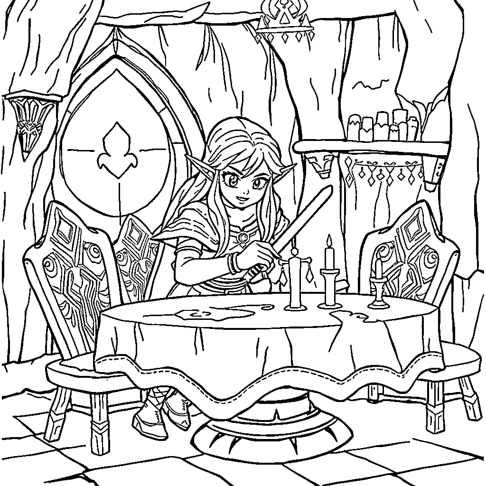 Zelda crafting magical items in enchanted sanctuary Coloring Page (free black-and-white line drawing printable PDF for all, from beginners to advanced learners, including children, teens, adults, and seniors)