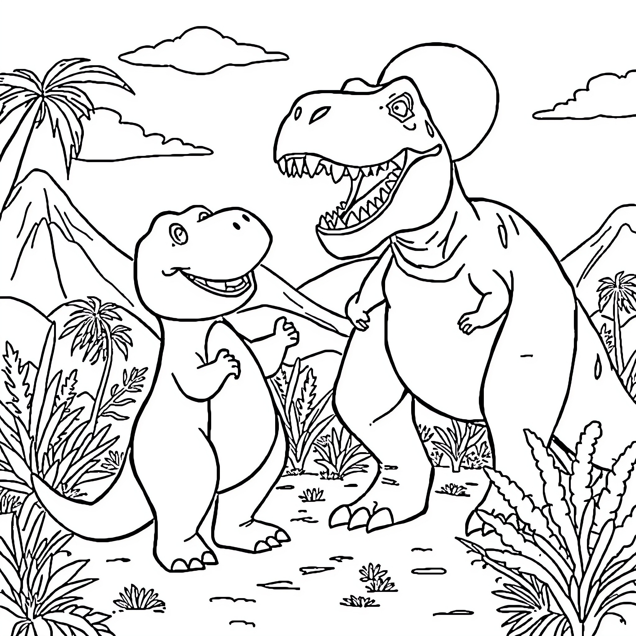 Barney and friends explore the prehistoric landscape Coloring Page (free black-and-white line drawing printable PDF for all, from beginners to advanced learners, including children, teens, adults, and seniors)
