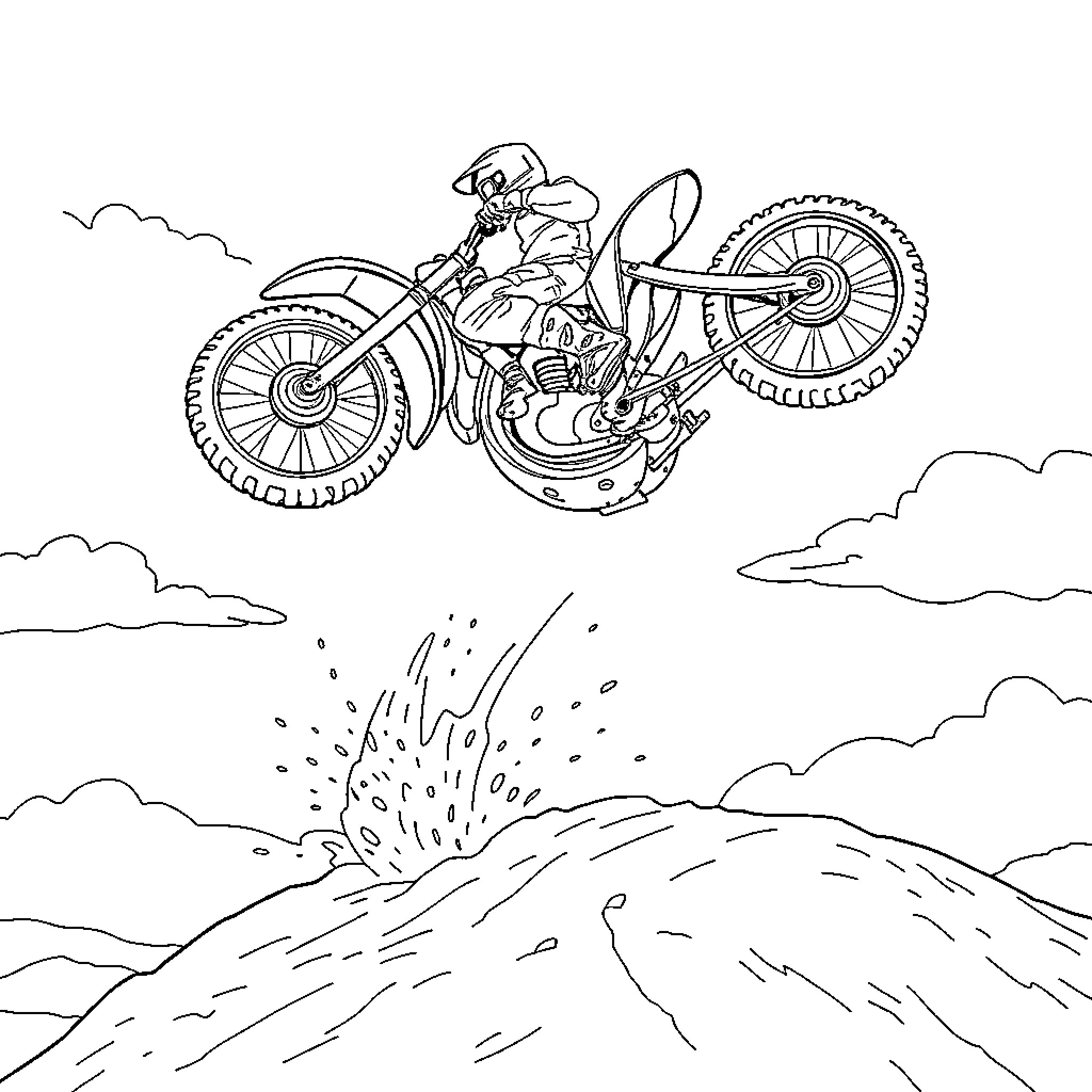 Motocross rider jumping over rugged terrain Coloring Page (free black-and-white line drawing printable PDF for all, from beginners to advanced learners, including children, teens, adults, and seniors)
