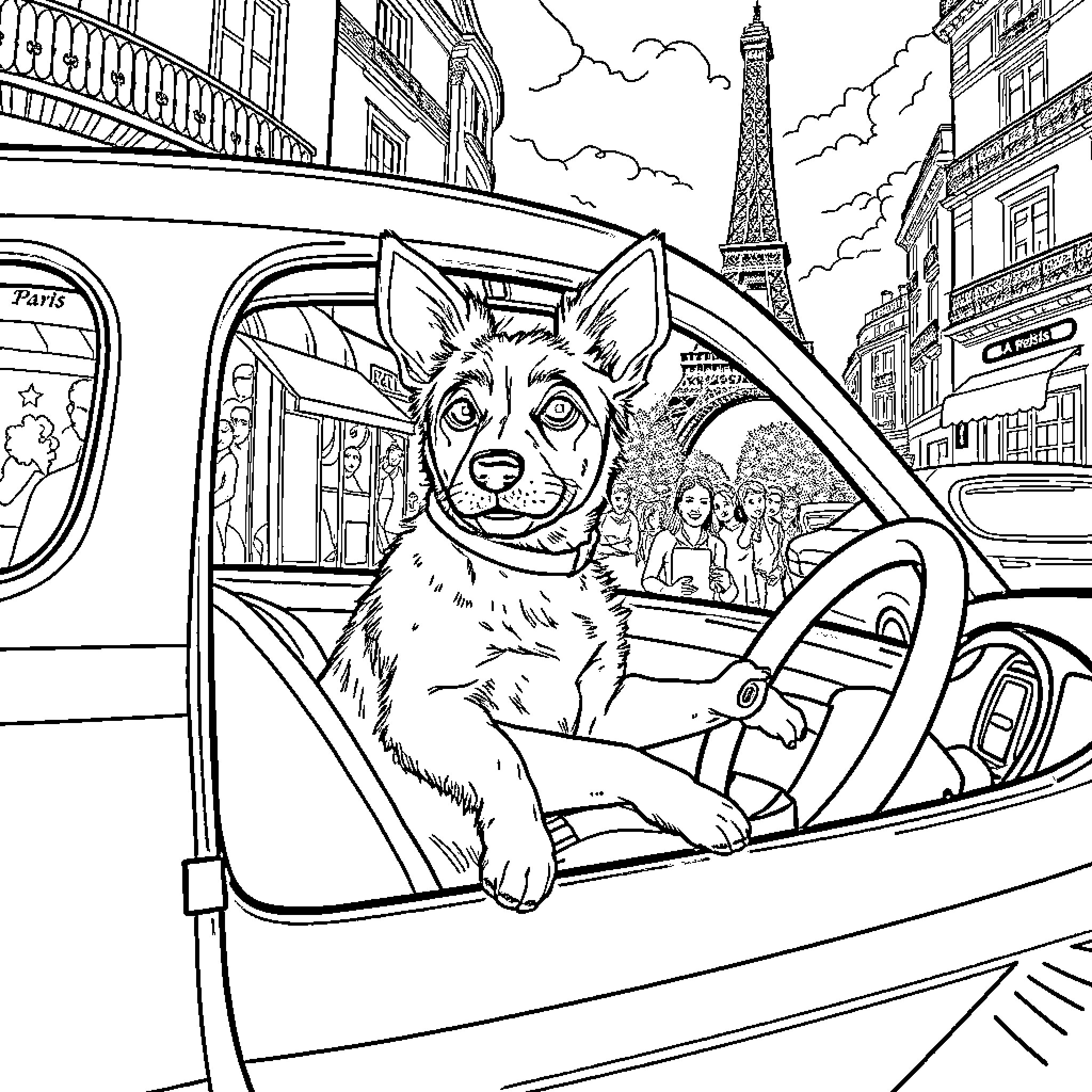 Dachshund driving car through Paris streets Coloring Page (free black-and-white line drawing printable PDF for all, from beginners to advanced learners, including children, teens, adults, and seniors)