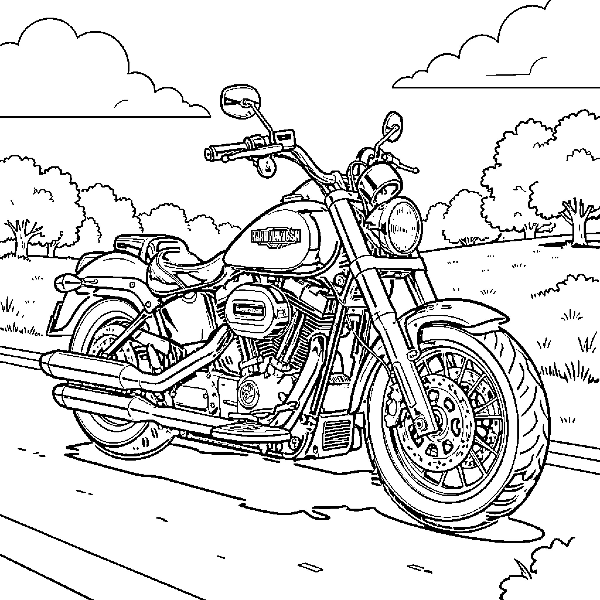 Harley Davidson Motorcycle on the Road Coloring Page (free black-and-white line drawing printable PDF for all, from beginners to advanced learners, including children, teens, adults, and seniors)