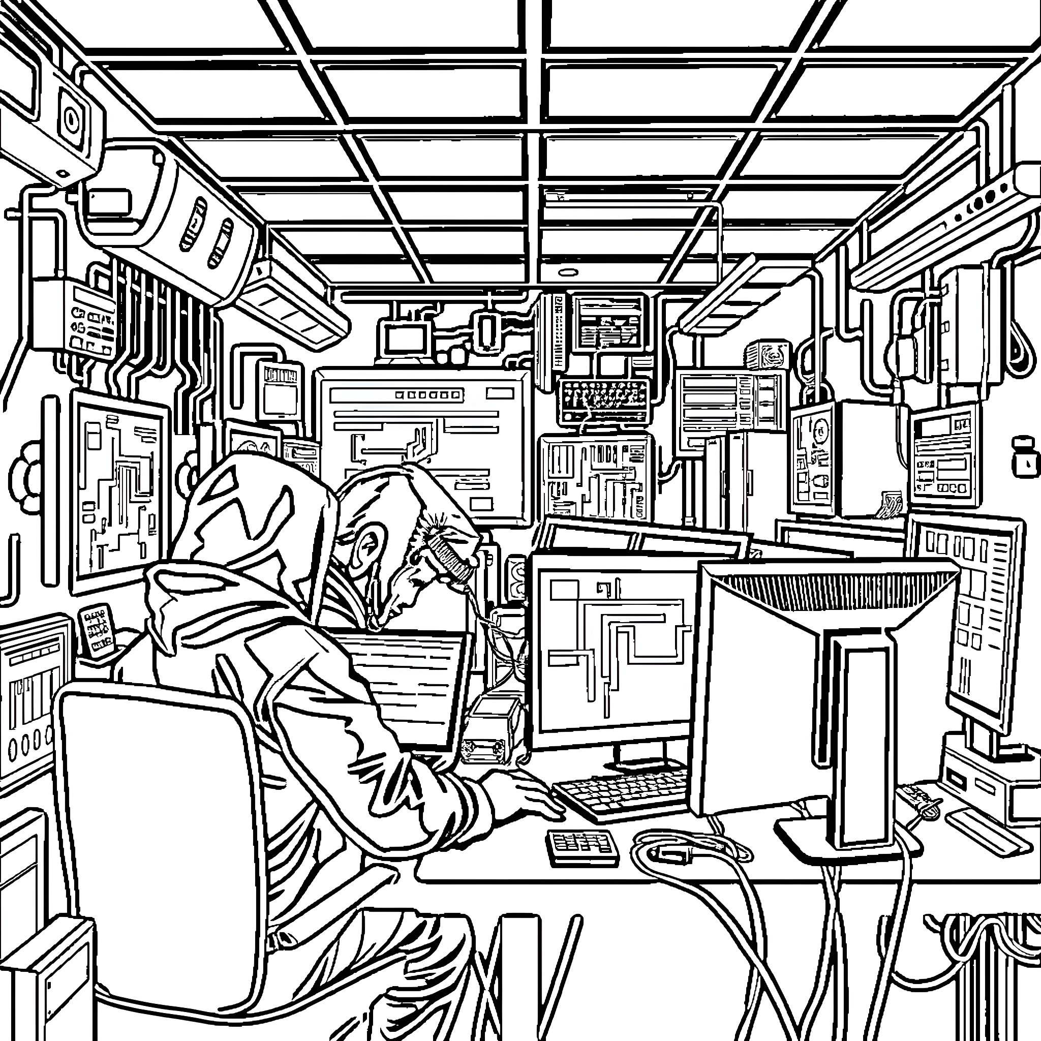 Hacker Working Diligently in Chaotic Tech Workspace Coloring Page (free black-and-white line drawing printable PDF for all, from beginners to advanced learners, including children, teens, adults, and seniors)