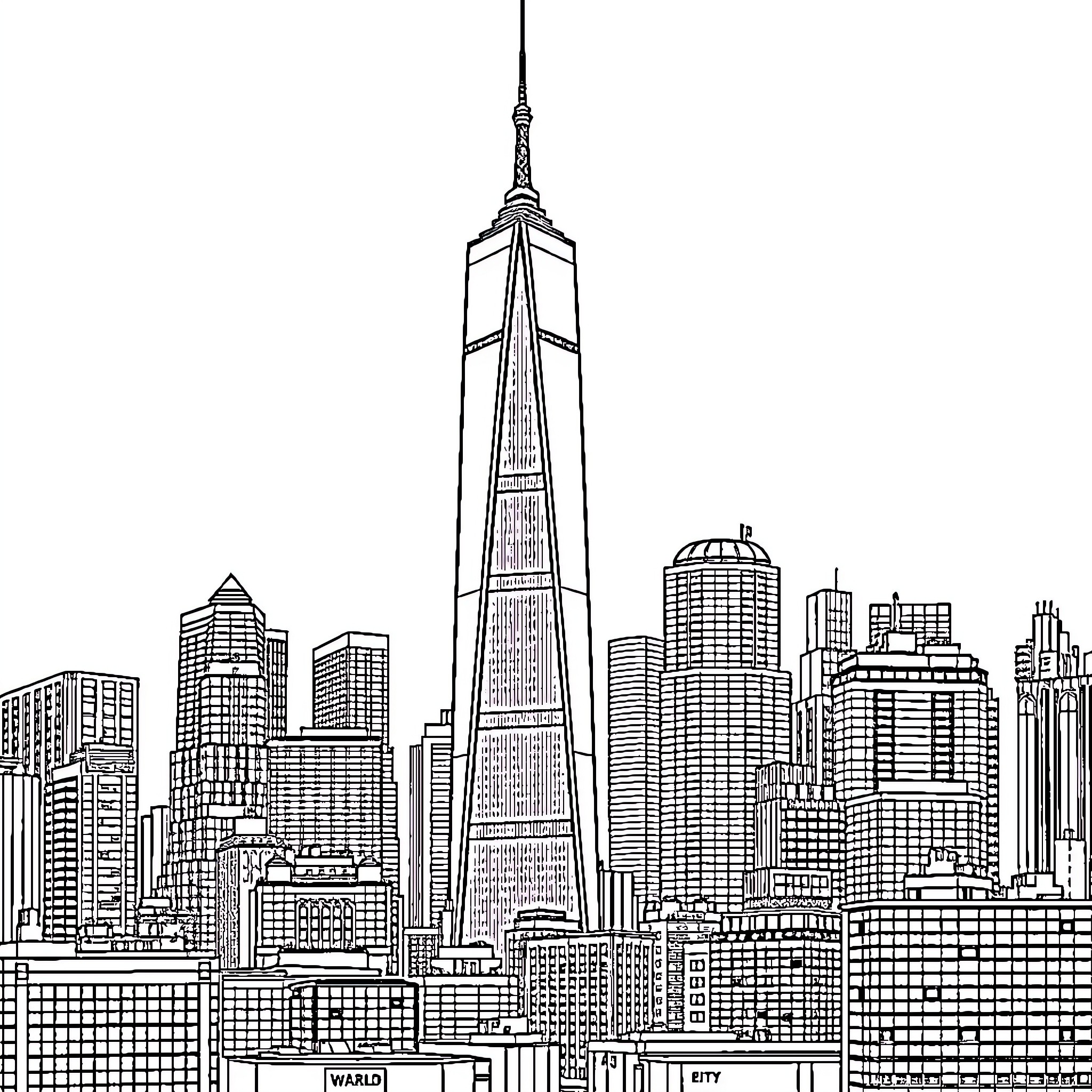 World Trade Center Skyline in Black and White Coloring Page (free black-and-white line drawing printable PDF for all, from beginners to advanced learners, including children, teens, adults, and seniors)