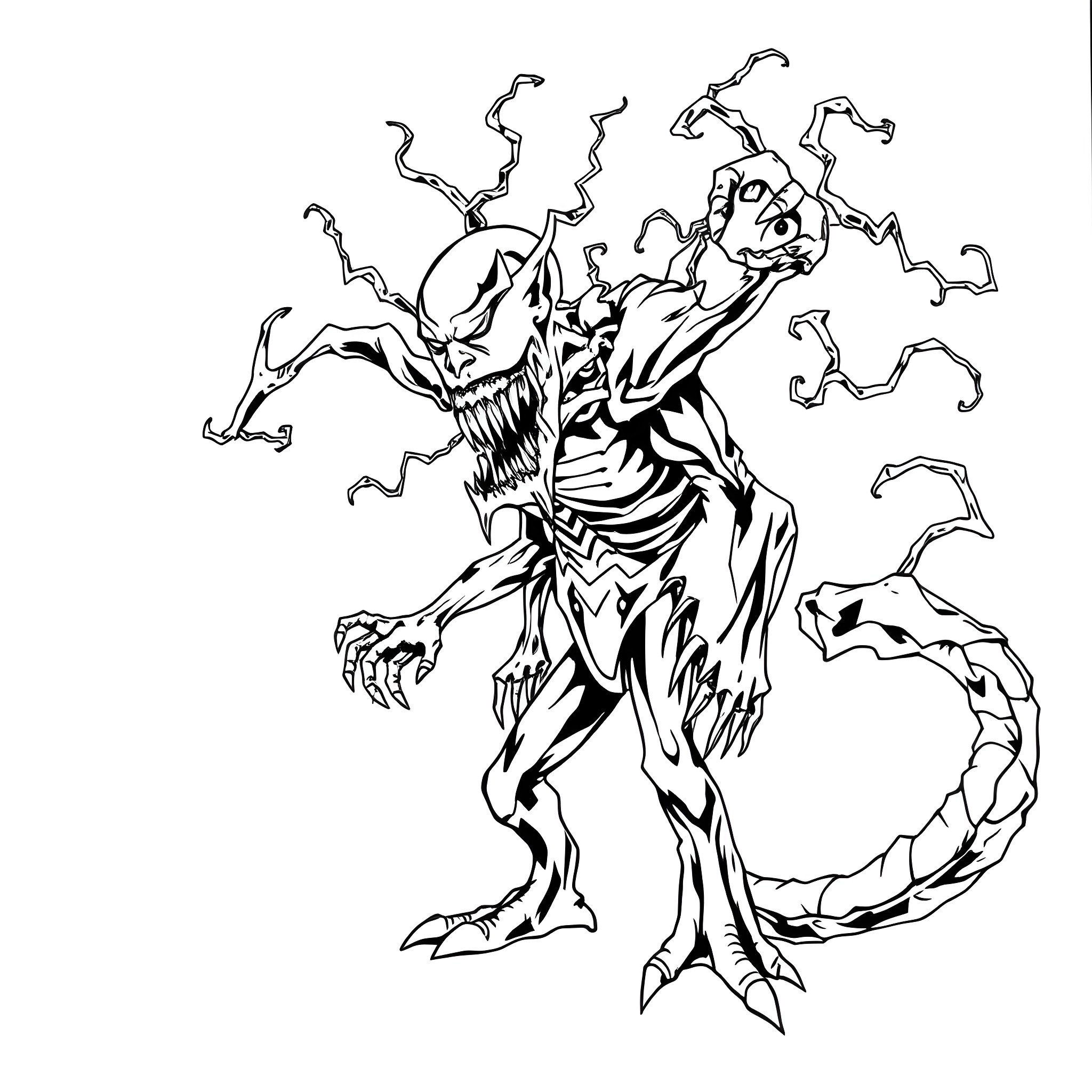 Bizarnage - Menacing mutant creature emerging from the shadows Coloring Page (free black-and-white line drawing printable PDF for all, from beginners to advanced learners, including children, teens, adults, and seniors)