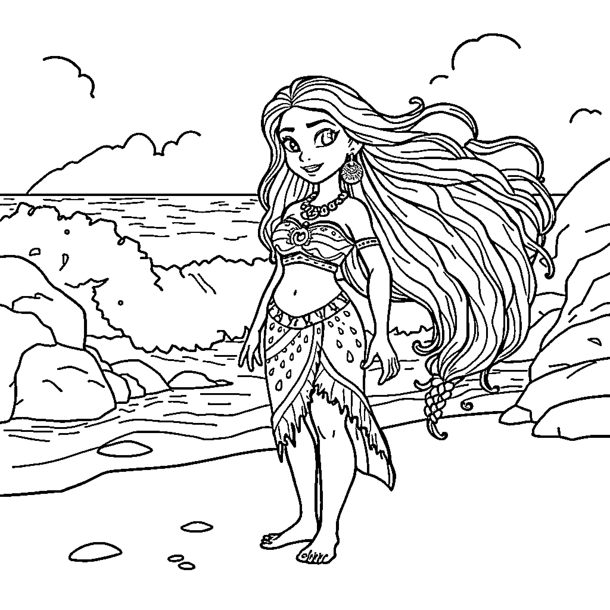 Vaiana exploring the enchanting coastal landscape Coloring Page (free black-and-white line drawing printable PDF for all, from beginners to advanced learners, including children, teens, adults, and seniors)
