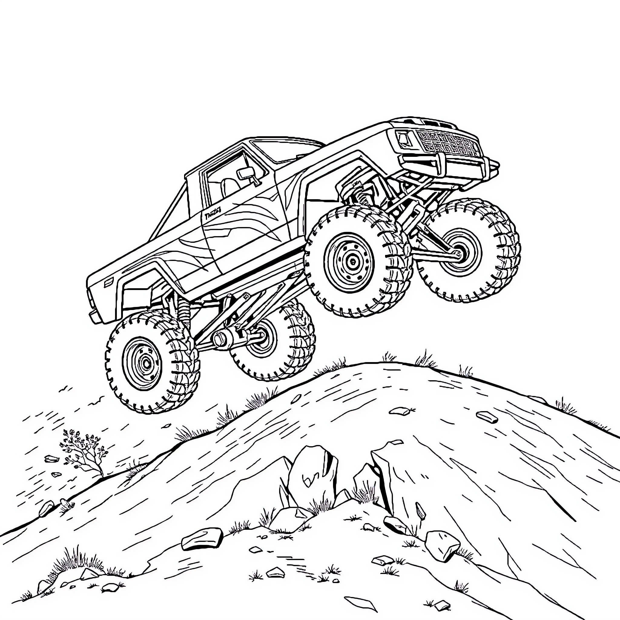 Blackfoot Monster Truck Climbing Rugged Terrain Coloring Page (free black-and-white line drawing printable PDF for all, from beginners to advanced learners, including children, teens, adults, and seniors)