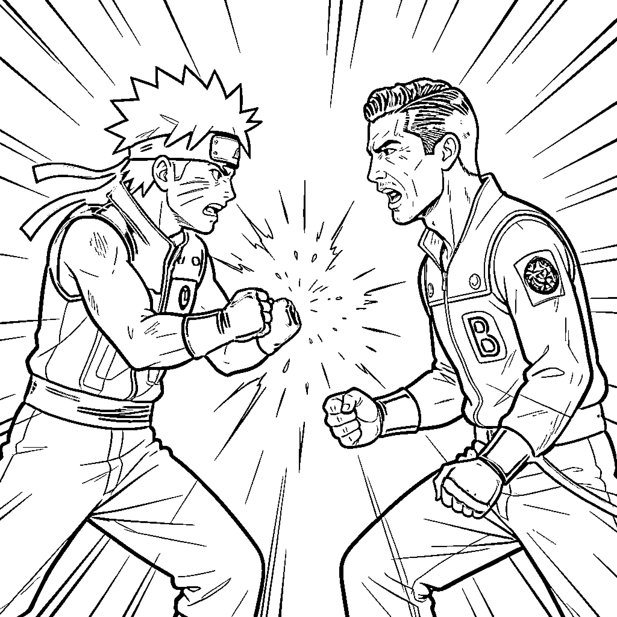 Naruto engaging in an intense battle with an opponent Coloring Page (free black-and-white line drawing printable PDF for all, from beginners to advanced learners, including children, teens, adults, and seniors)
