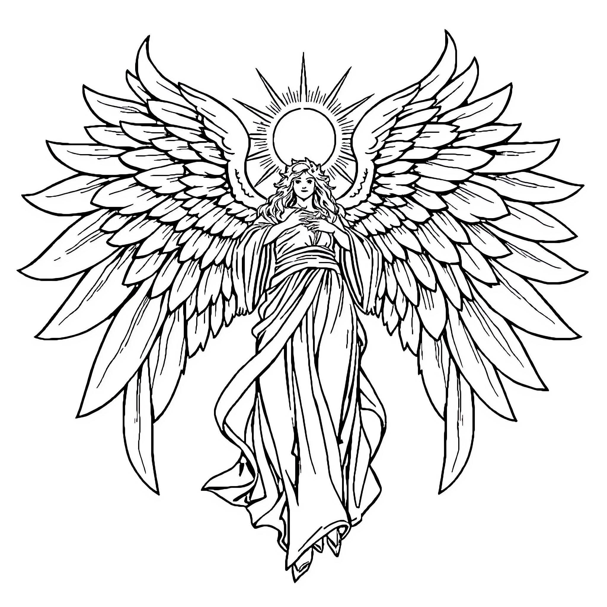 Angel with Majestic Wings Descending from the Heavens Coloring Page (free black-and-white line drawing printable PDF for all, from beginners to advanced learners, including children, teens, adults, and seniors)