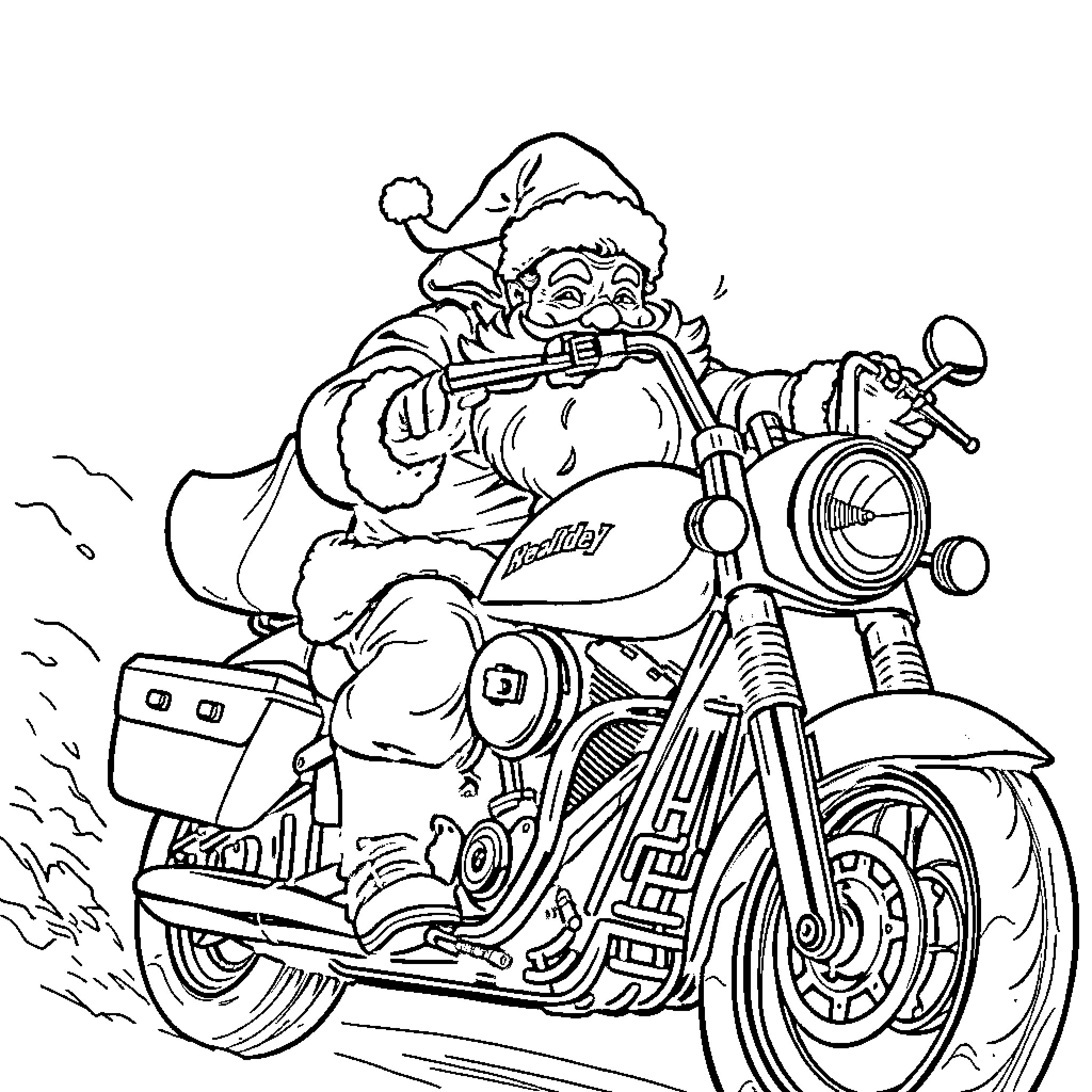 Santa riding motorcycle down snowy road Coloring Page (free black-and-white line drawing printable PDF for all, from beginners to advanced learners, including children, teens, adults, and seniors)