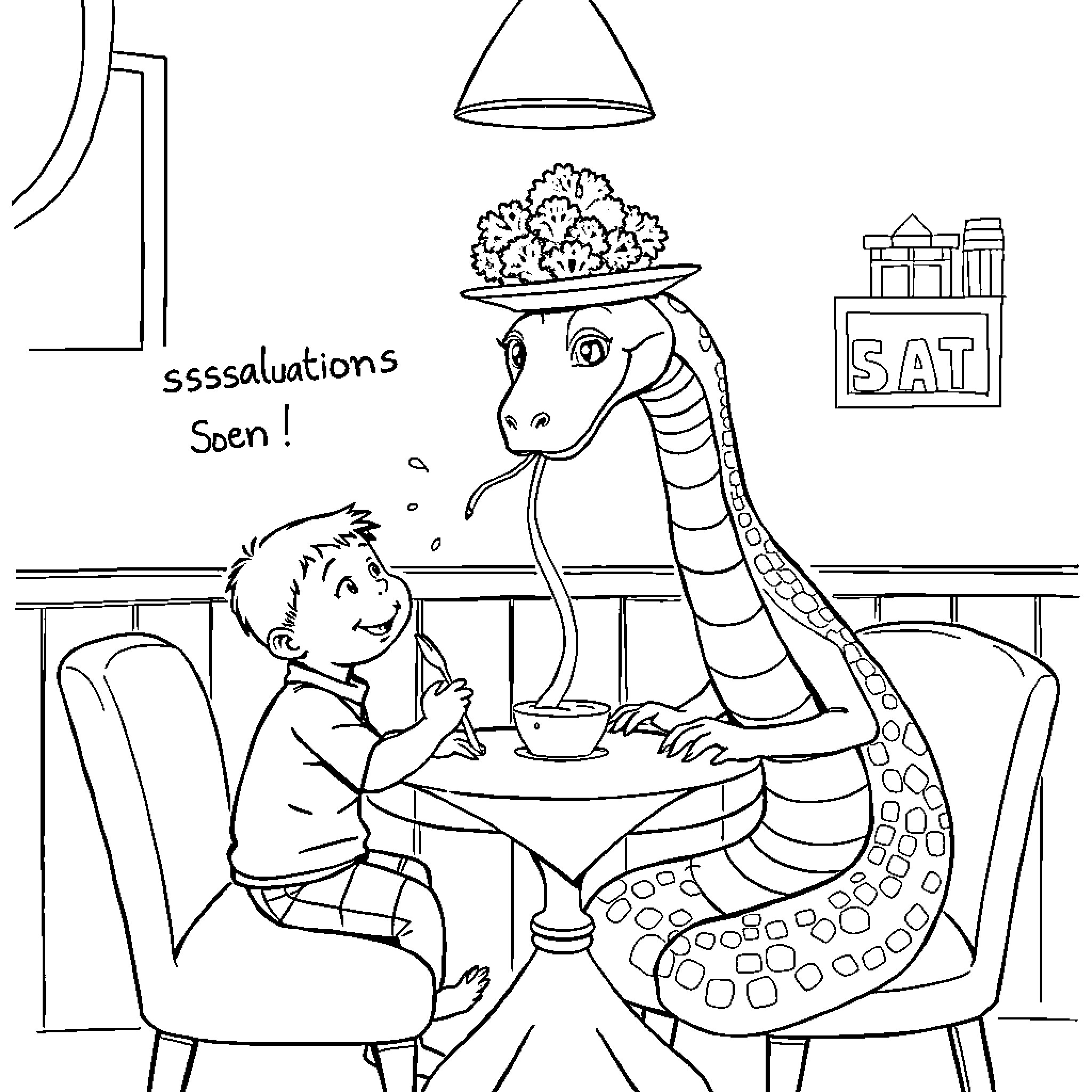 Snake waiter serves food to a young diner Coloring Page (free black-and-white line drawing printable PDF for all, from beginners to advanced learners, including children, teens, adults, and seniors)