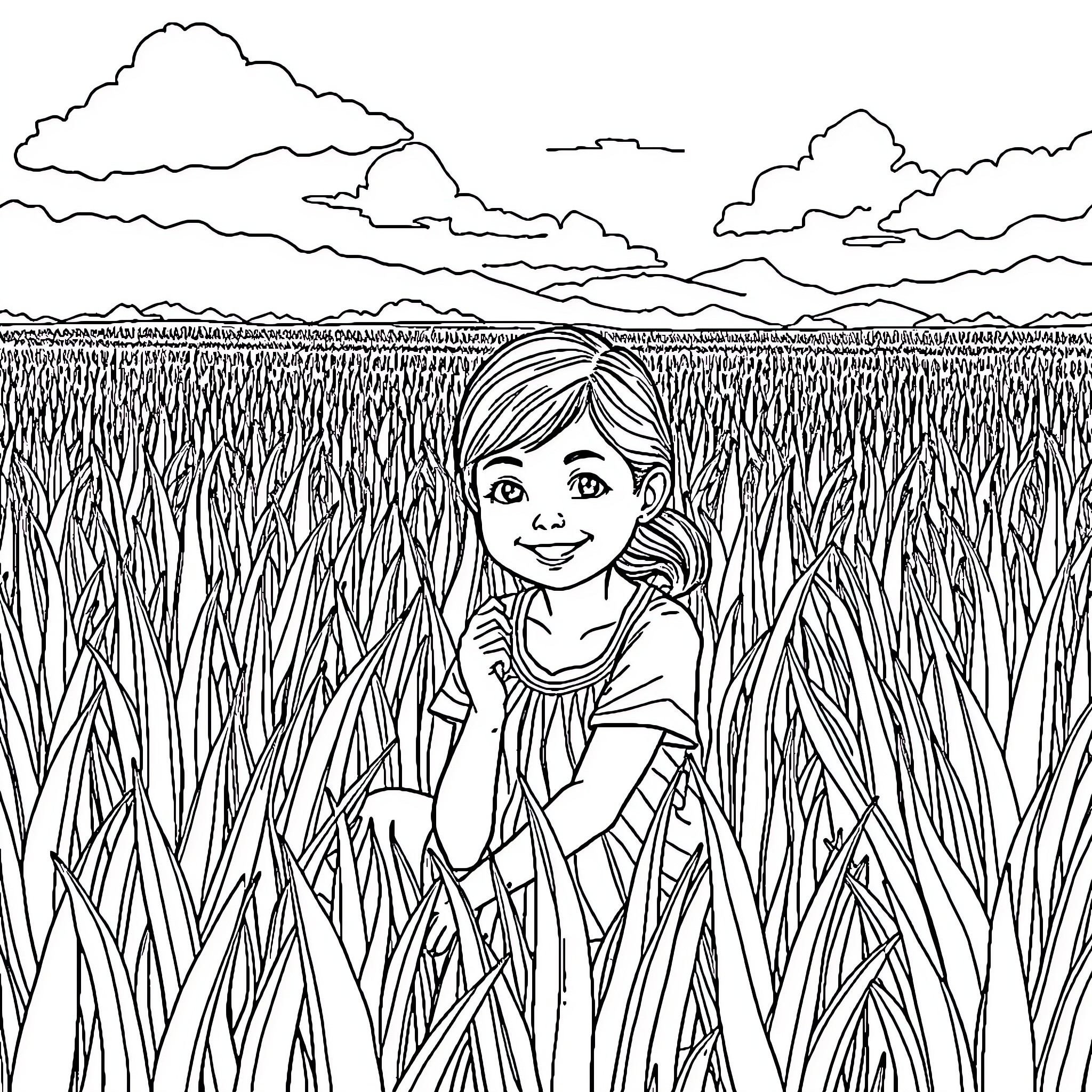 Girl exploring the tall grass field Coloring Page (free black-and-white line drawing printable PDF for all, from beginners to advanced learners, including children, teens, adults, and seniors)