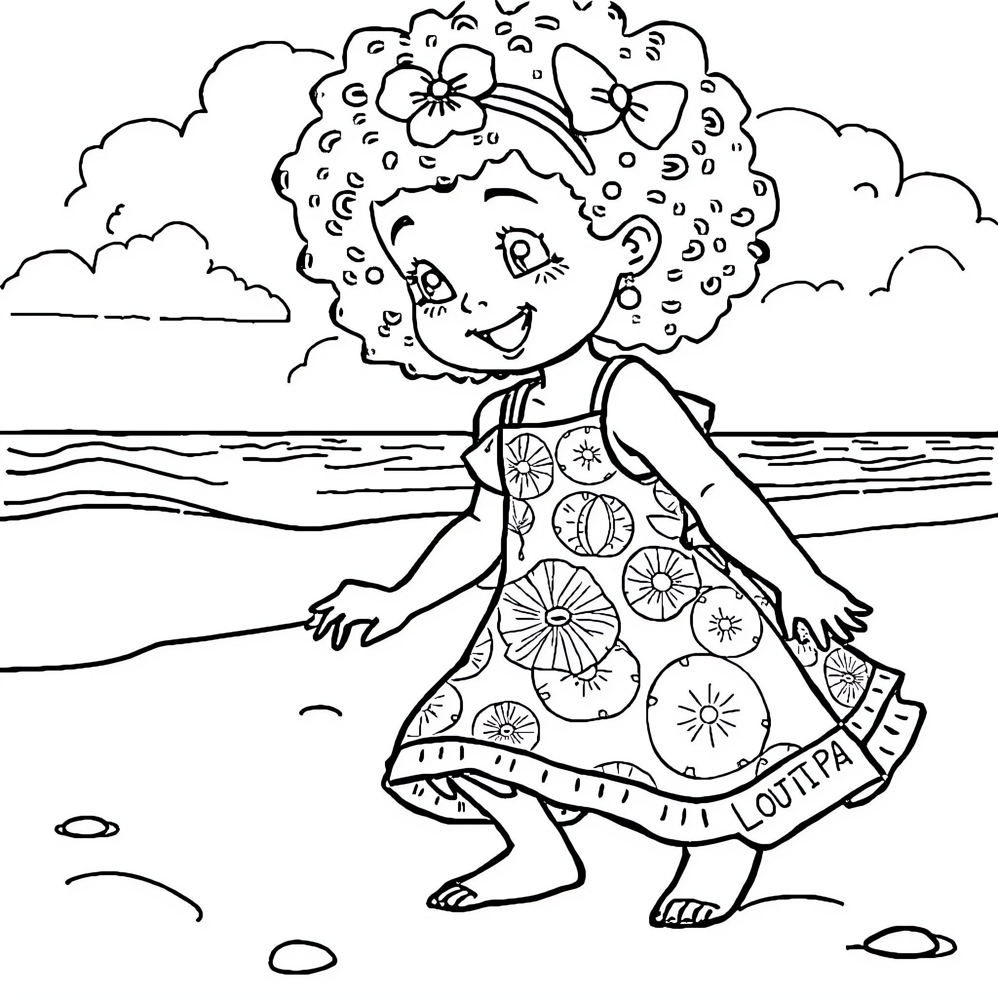 Girl enjoying a sunny day at the beach Coloring Page (free black-and-white line drawing printable PDF for all, from beginners to advanced learners, including children, teens, adults, and seniors)