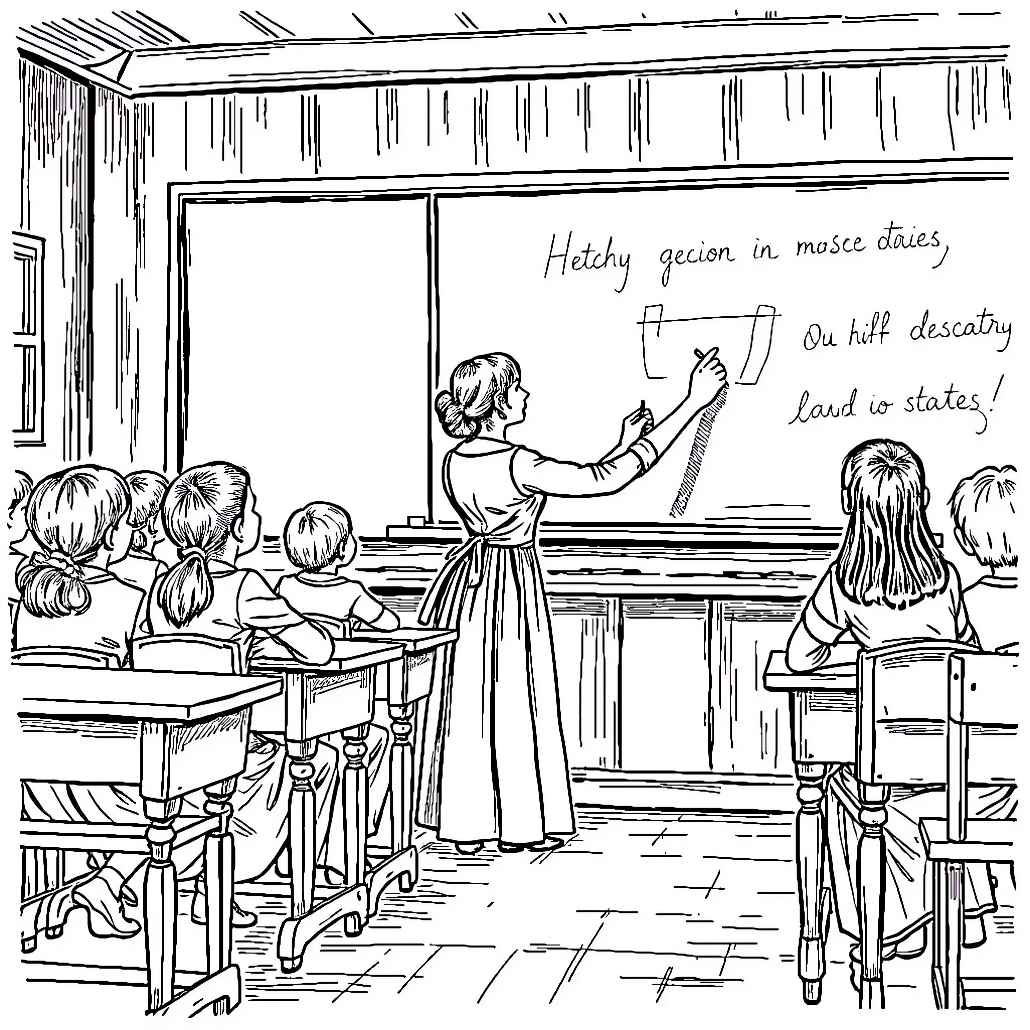 Teacher instructing students in classroom setting Coloring Page (free black-and-white line drawing printable PDF for all, from beginners to advanced learners, including children, teens, adults, and seniors)