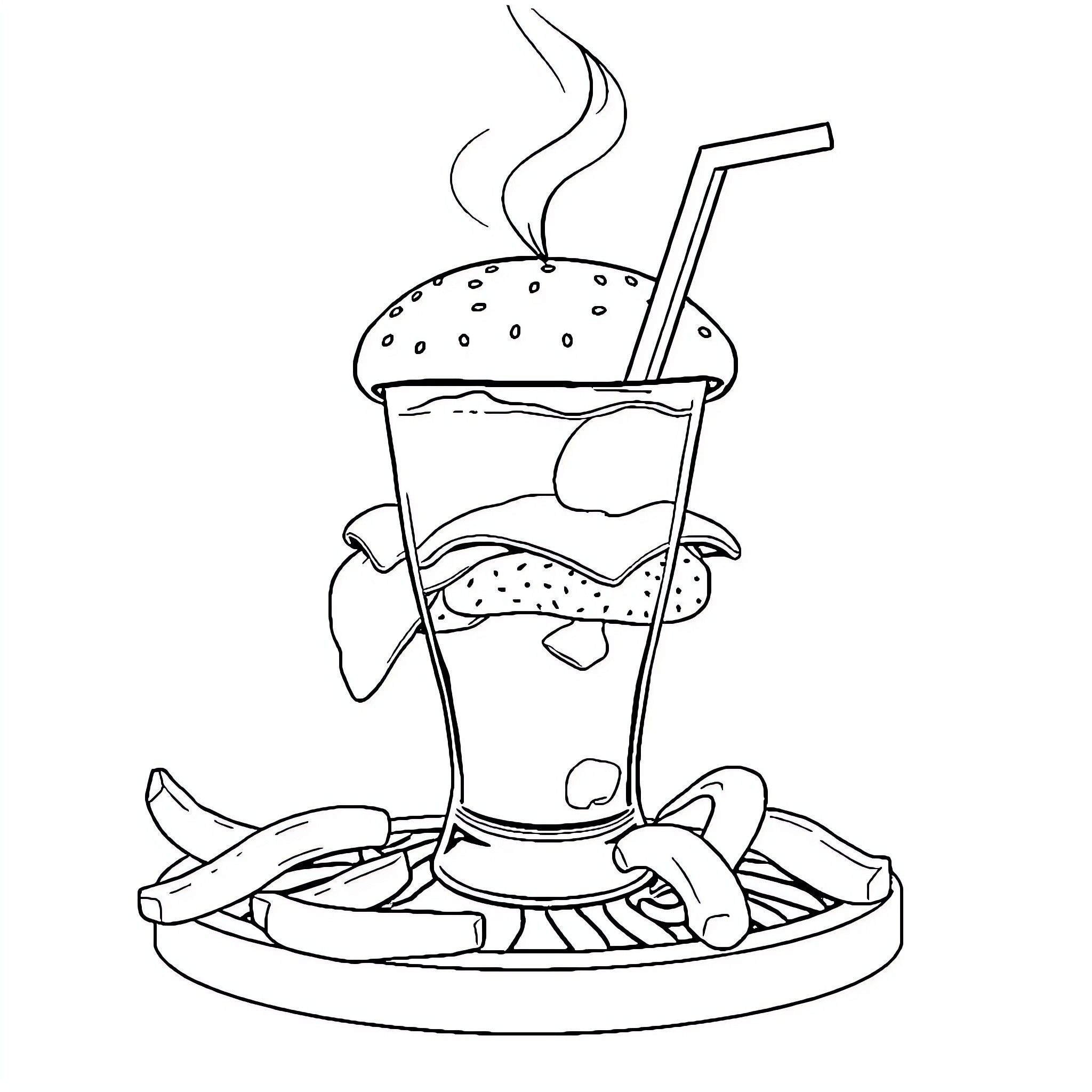Hamburger with Drink and French Fries Coloring Page (free black-and-white line drawing printable PDF for all, from beginners to advanced learners, including children, teens, adults, and seniors)