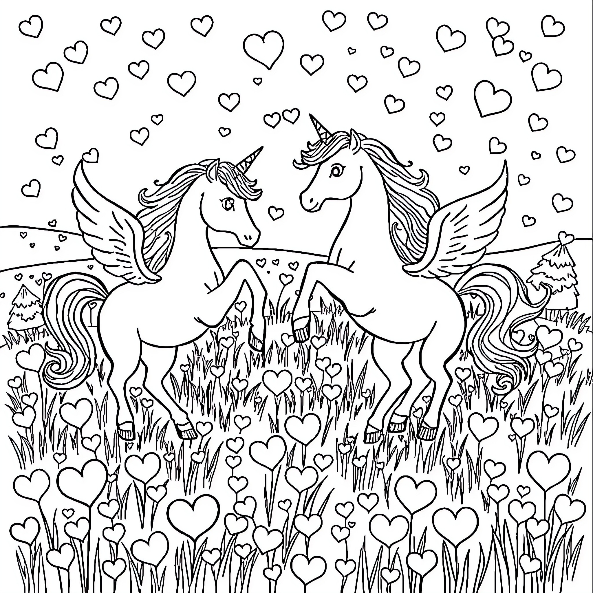Unicorn Winged Pair Dancing Amidst Heart Shapes Coloring Page (free black-and-white line drawing printable PDF for all, from beginners to advanced learners, including children, teens, adults, and seniors)
