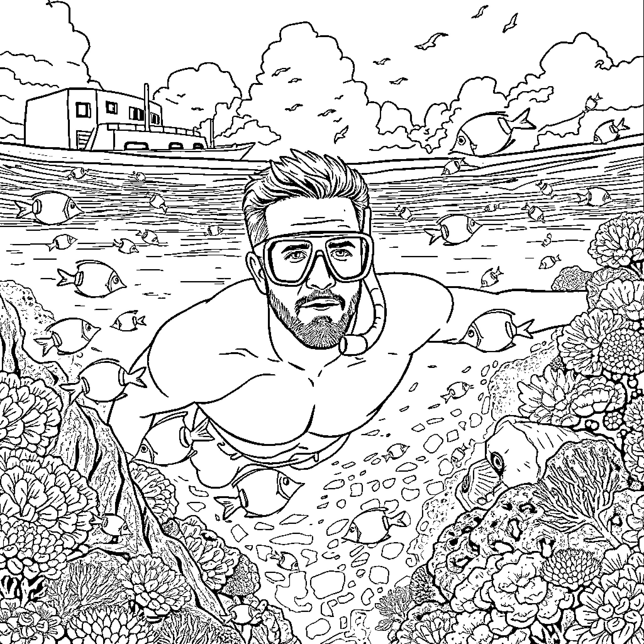 Ryan Reynolds swimming in tropical underwater world Coloring Page (free black-and-white line drawing printable PDF for all, from beginners to advanced learners, including children, teens, adults, and seniors)