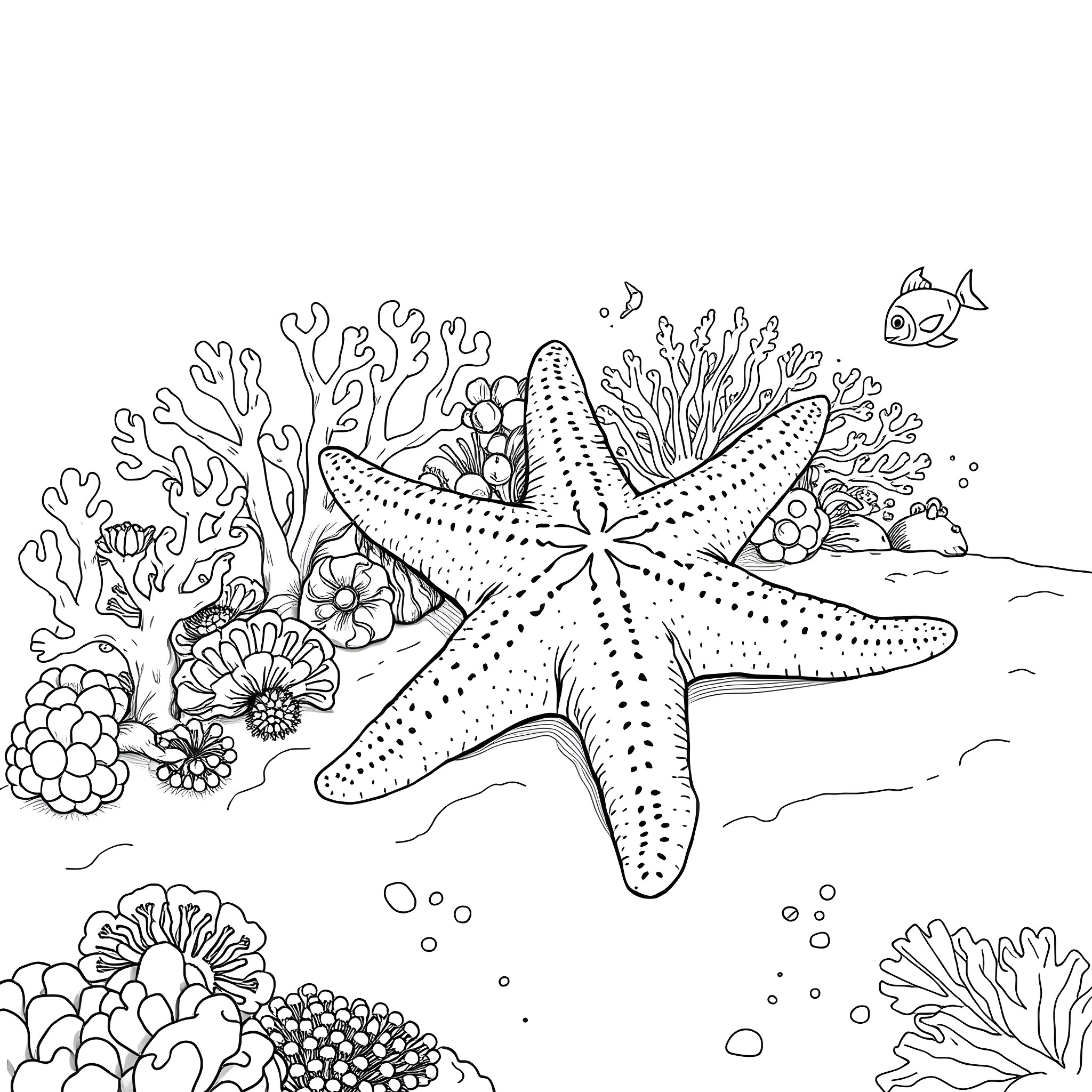 Starfish amidst vibrant marine life Coloring Page (free black-and-white line drawing printable PDF for all, from beginners to advanced learners, including children, teens, adults, and seniors)