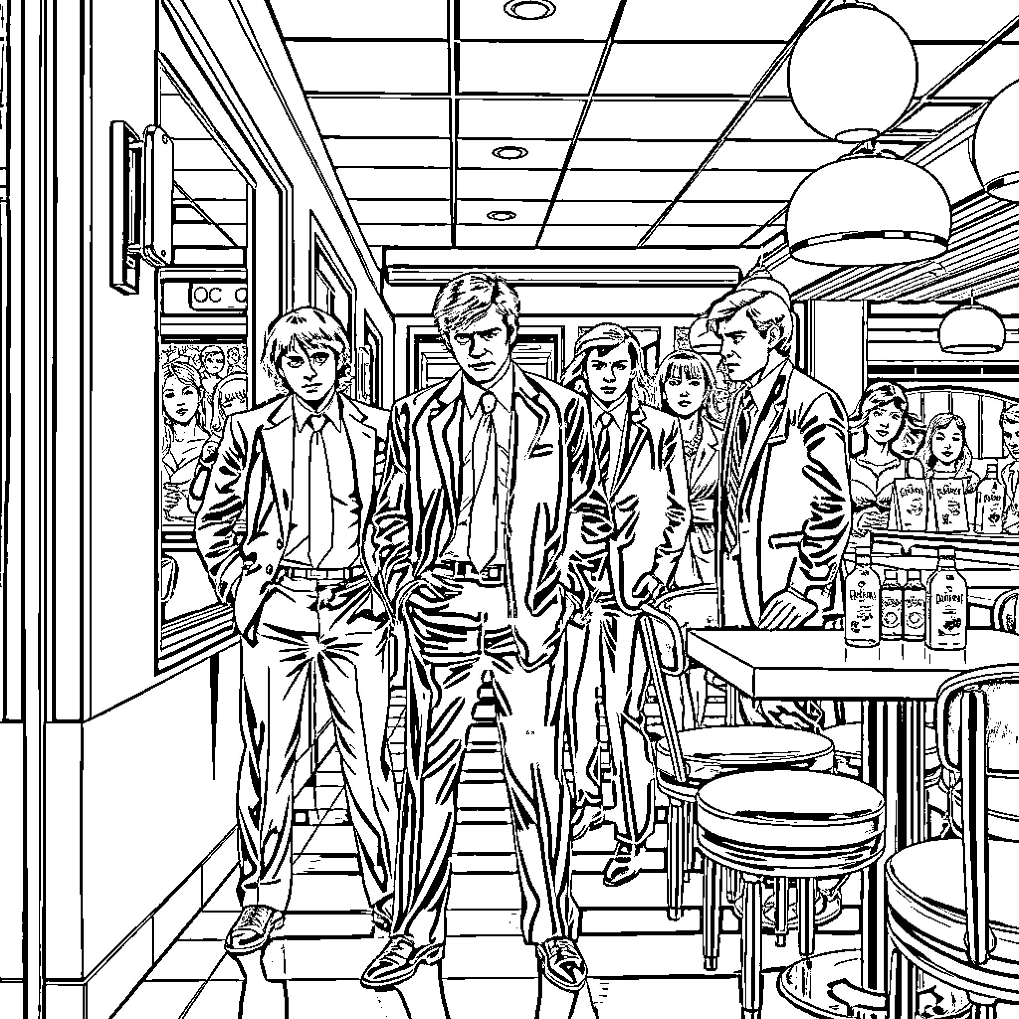 Pulp Fiction Characters in Stylish Monochrome Coloring Page (free black-and-white line drawing printable PDF for all, from beginners to advanced learners, including children, teens, adults, and seniors)