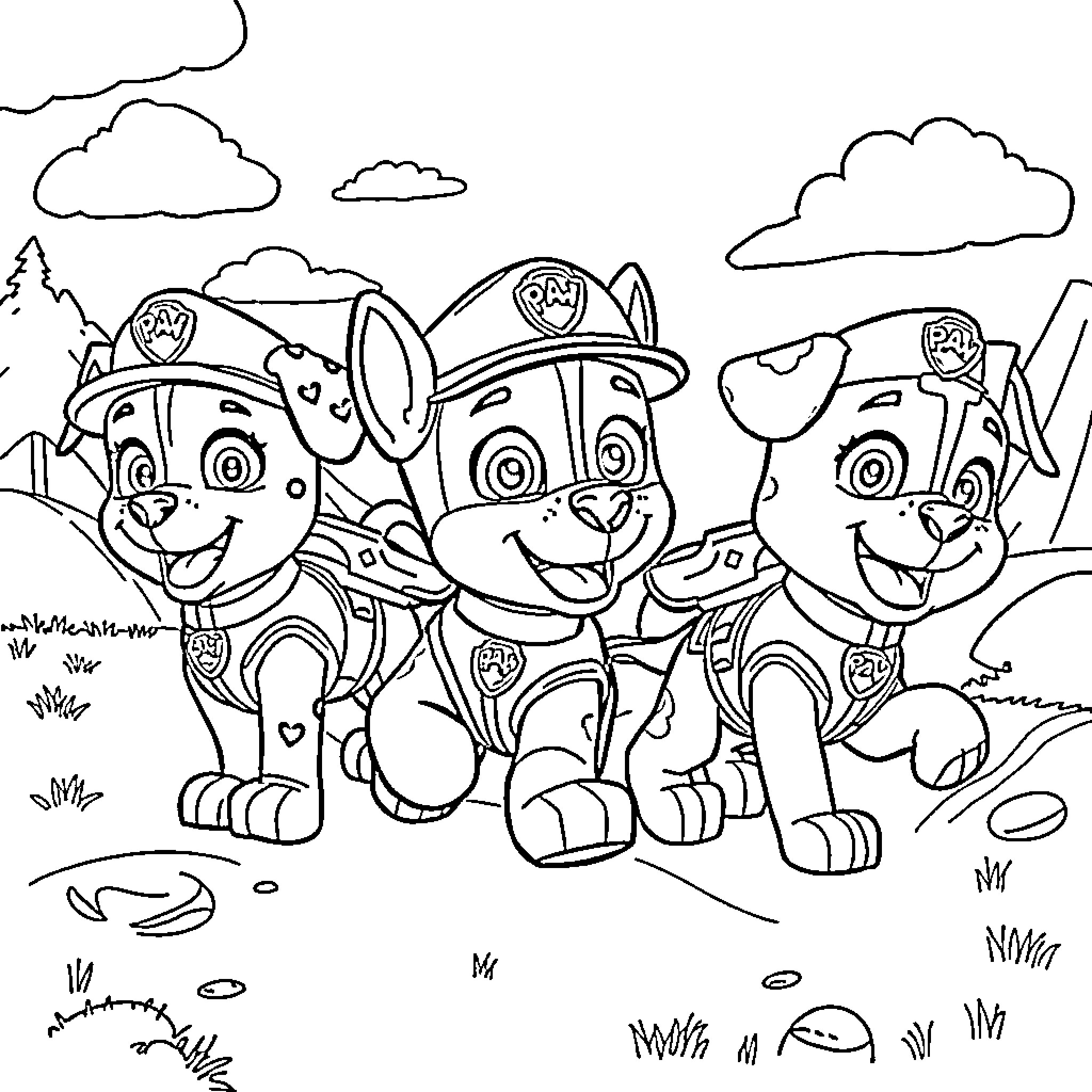 Paw Patrol puppies on an adventure Coloring Page (free black-and-white line drawing printable PDF for all, from beginners to advanced learners, including children, teens, adults, and seniors)