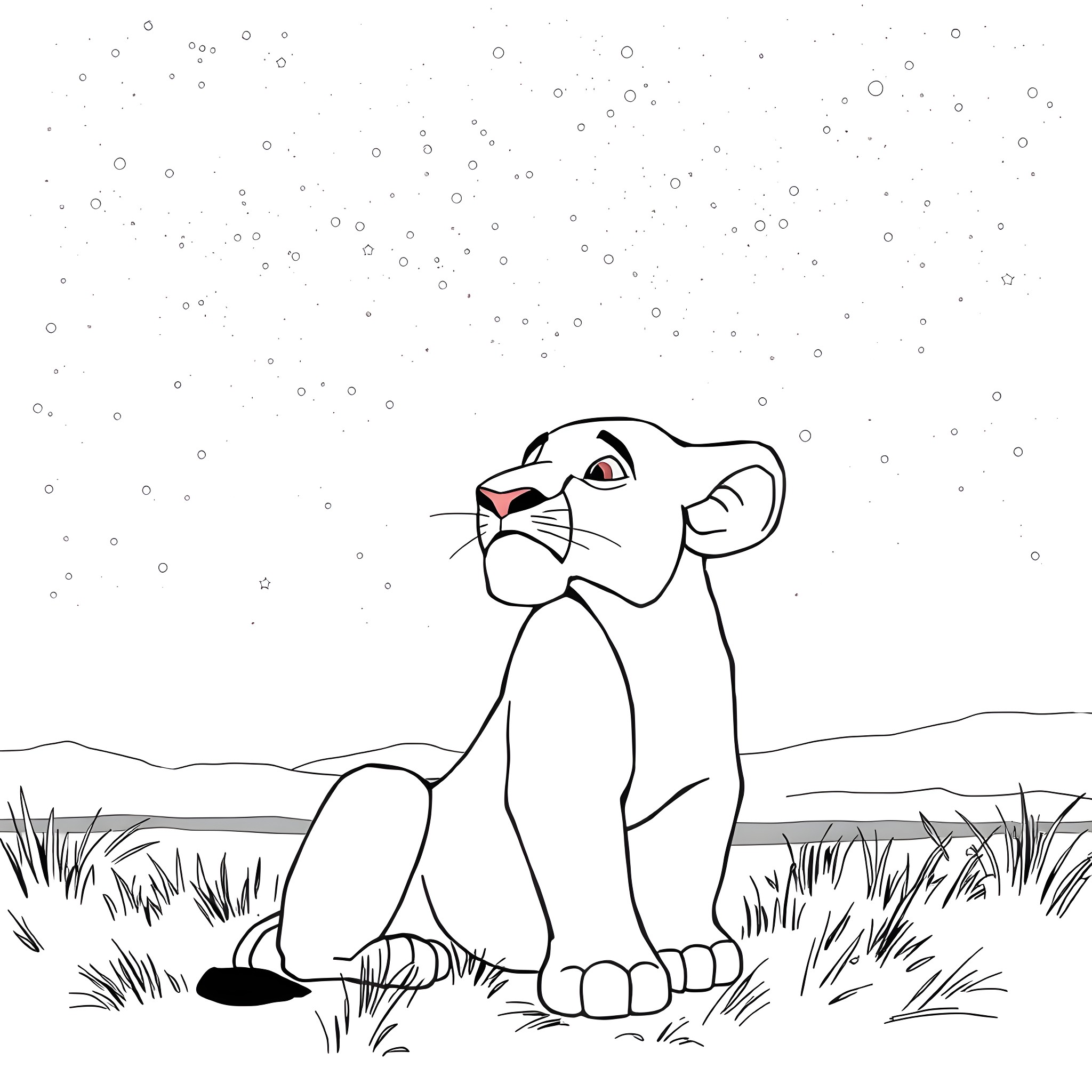 Simba's joyful roar in the snowy landscape Coloring Page (free black-and-white line drawing printable PDF for all, from beginners to advanced learners, including children, teens, adults, and seniors)