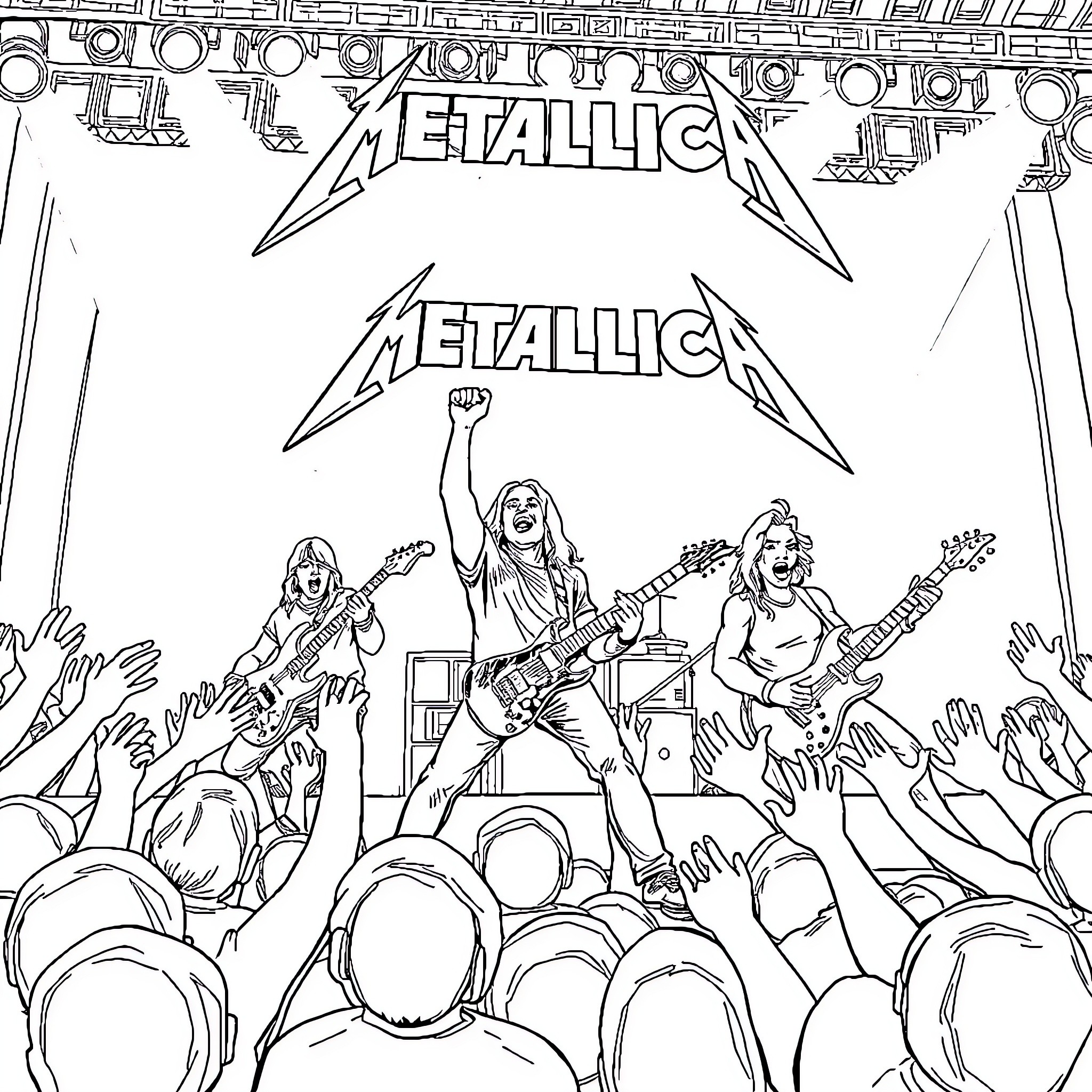 Metallica Performing Energetic Rock Concert Coloring Page (free black-and-white line drawing printable PDF for all, from beginners to advanced learners, including children, teens, adults, and seniors)