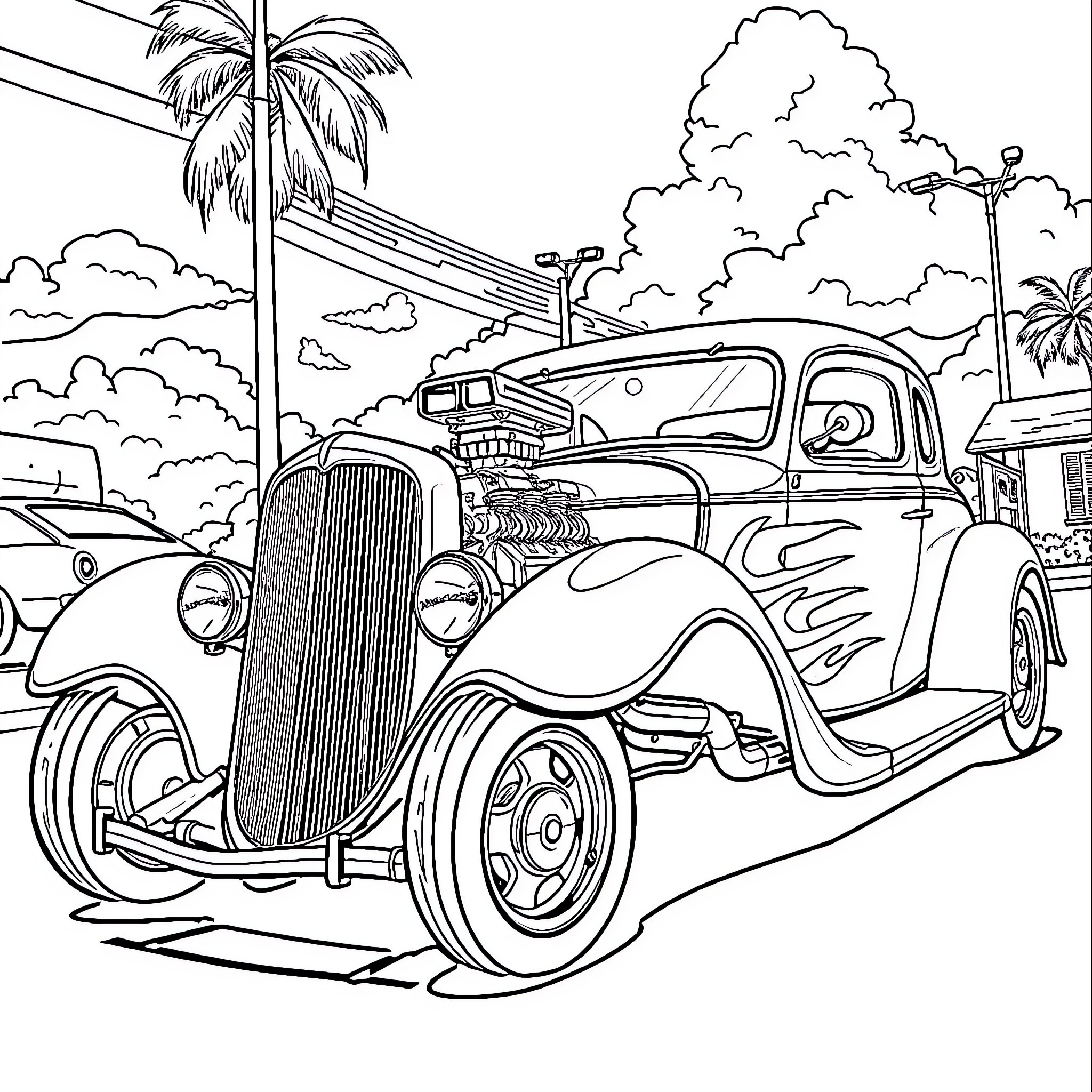 Hotrod classic car on tropical road Coloring Page (free black-and-white line drawing printable PDF for all, from beginners to advanced learners, including children, teens, adults, and seniors)