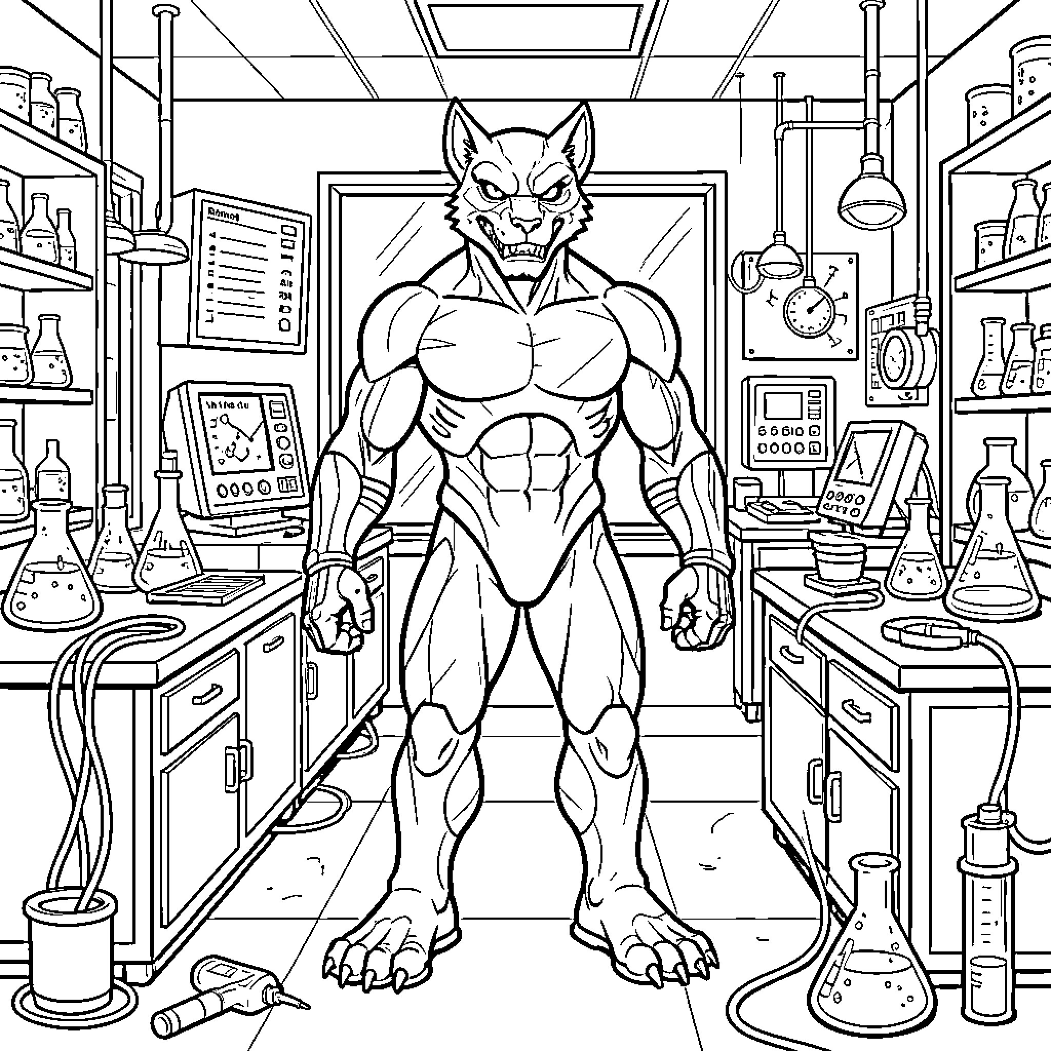 Clone Rex standing powerfully in a scientific laboratory Coloring Page (free black-and-white line drawing printable PDF for all, from beginners to advanced learners, including children, teens, adults, and seniors)
