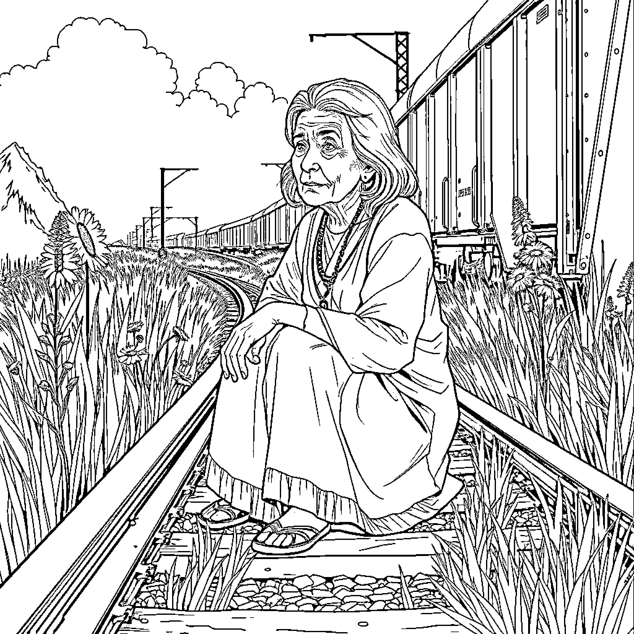 Woman sitting contemplatively on railroad tracks Coloring Page (free black-and-white line drawing printable PDF for all, from beginners to advanced learners, including children, teens, adults, and seniors)