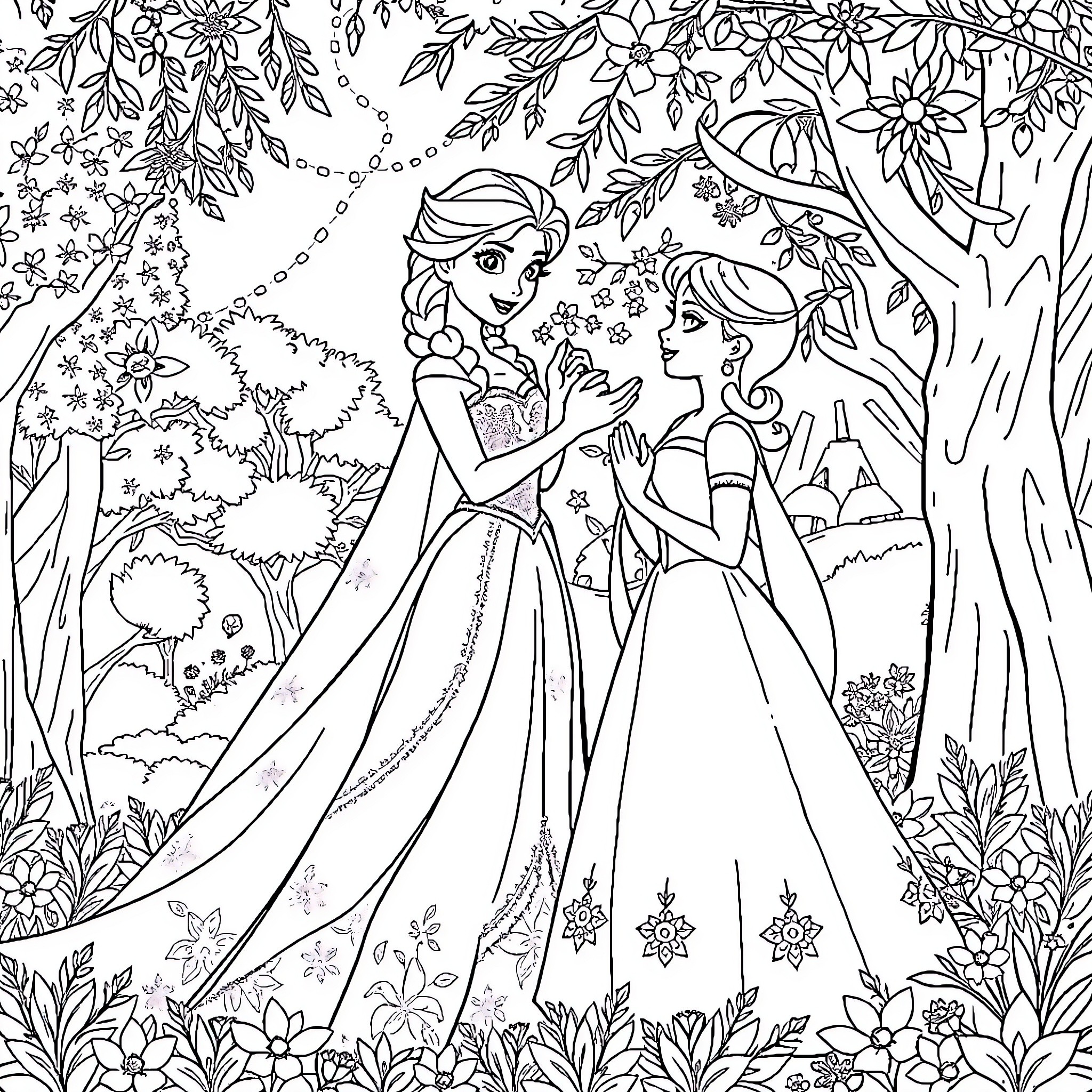 Princess Sisters in Enchanted Forest Coloring Page (free black-and-white line drawing printable PDF for all, from beginners to advanced learners, including children, teens, adults, and seniors)