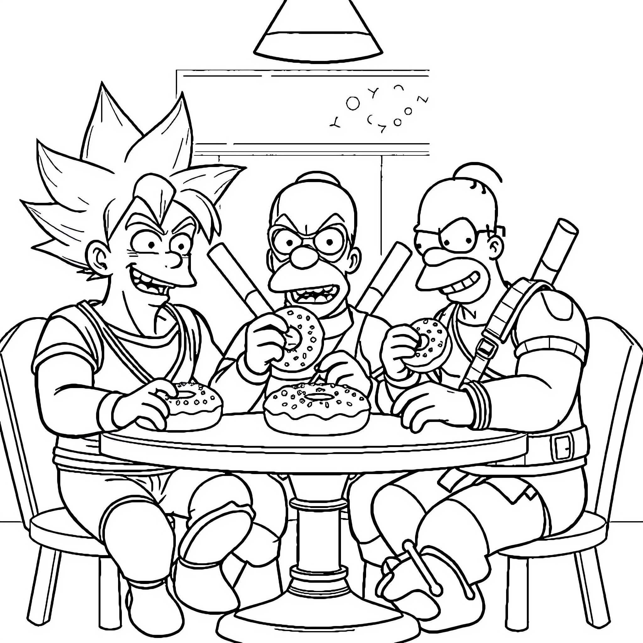 Characters Enjoying Burgers and Drinks at a Diner Coloring Page (free black-and-white line drawing printable PDF for all, from beginners to advanced learners, including children, teens, adults, and seniors)