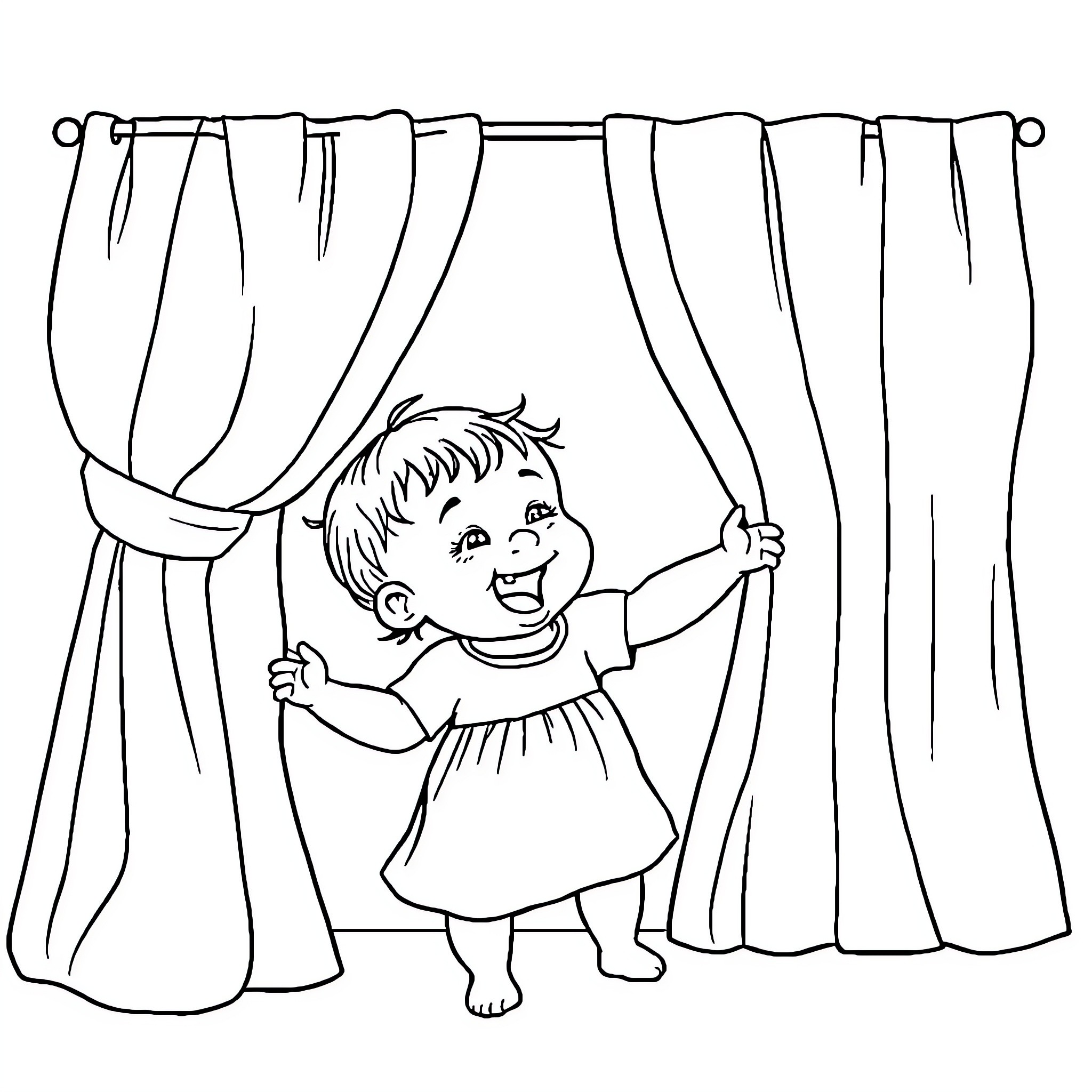 Baby Sister Playing Peek-a-Boo Behind Curtains Coloring Page (free black-and-white line drawing printable PDF for all, from beginners to advanced learners, including children, teens, adults, and seniors)