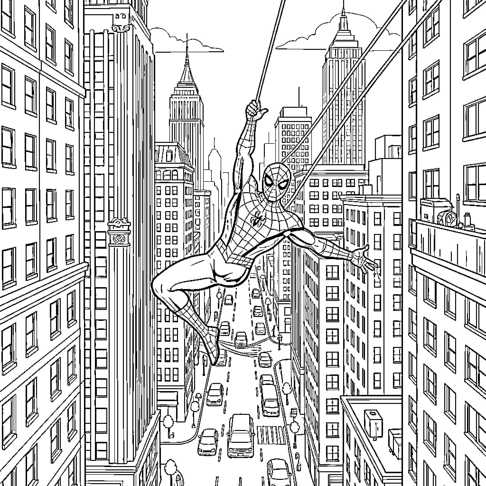 Spider-Man swinging through a busy city street Coloring Page (free black-and-white line drawing printable PDF for all, from beginners to advanced learners, including children, teens, adults, and seniors)