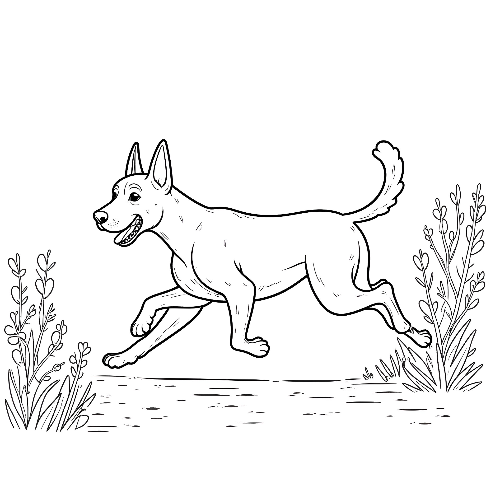Belgian Mallinois running joyfully through nature Coloring Page (free black-and-white line drawing printable PDF for all, from beginners to advanced learners, including children, teens, adults, and seniors)
