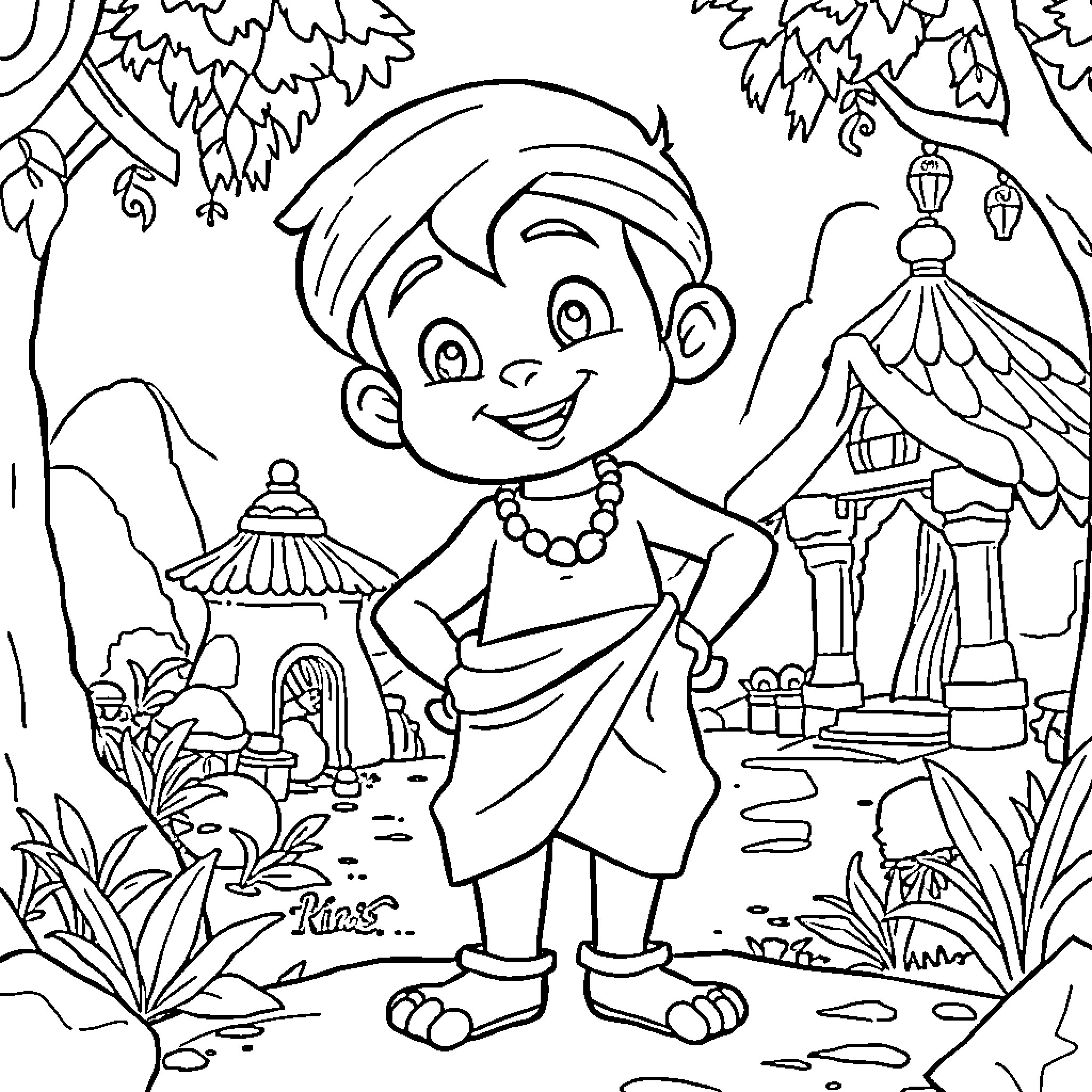 Chhota Bheem enjoying the scenic outdoors Coloring Page (free black-and-white line drawing printable PDF for all, from beginners to advanced learners, including children, teens, adults, and seniors)