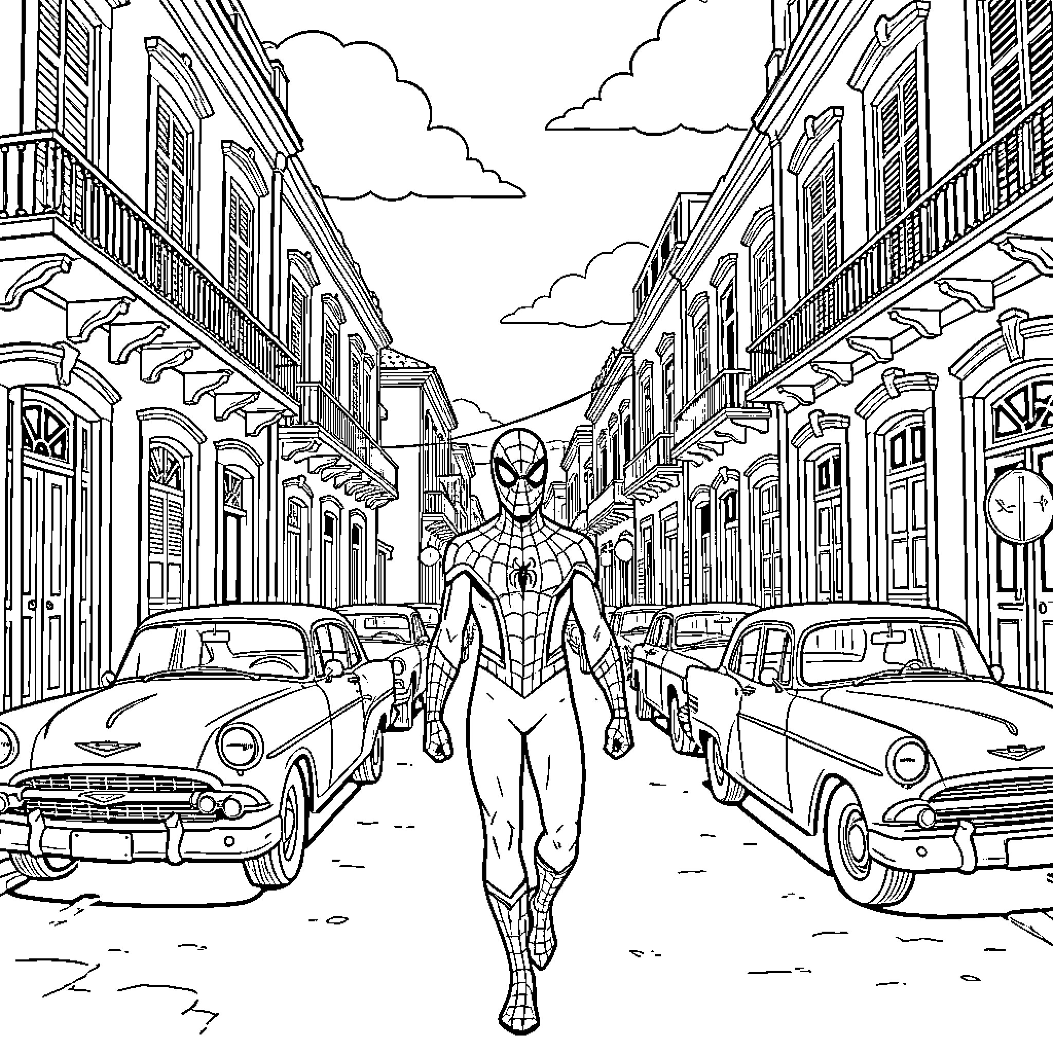 Spiderman swinging through the city streets Coloring Page (free black-and-white line drawing printable PDF for all, from beginners to advanced learners, including children, teens, adults, and seniors)