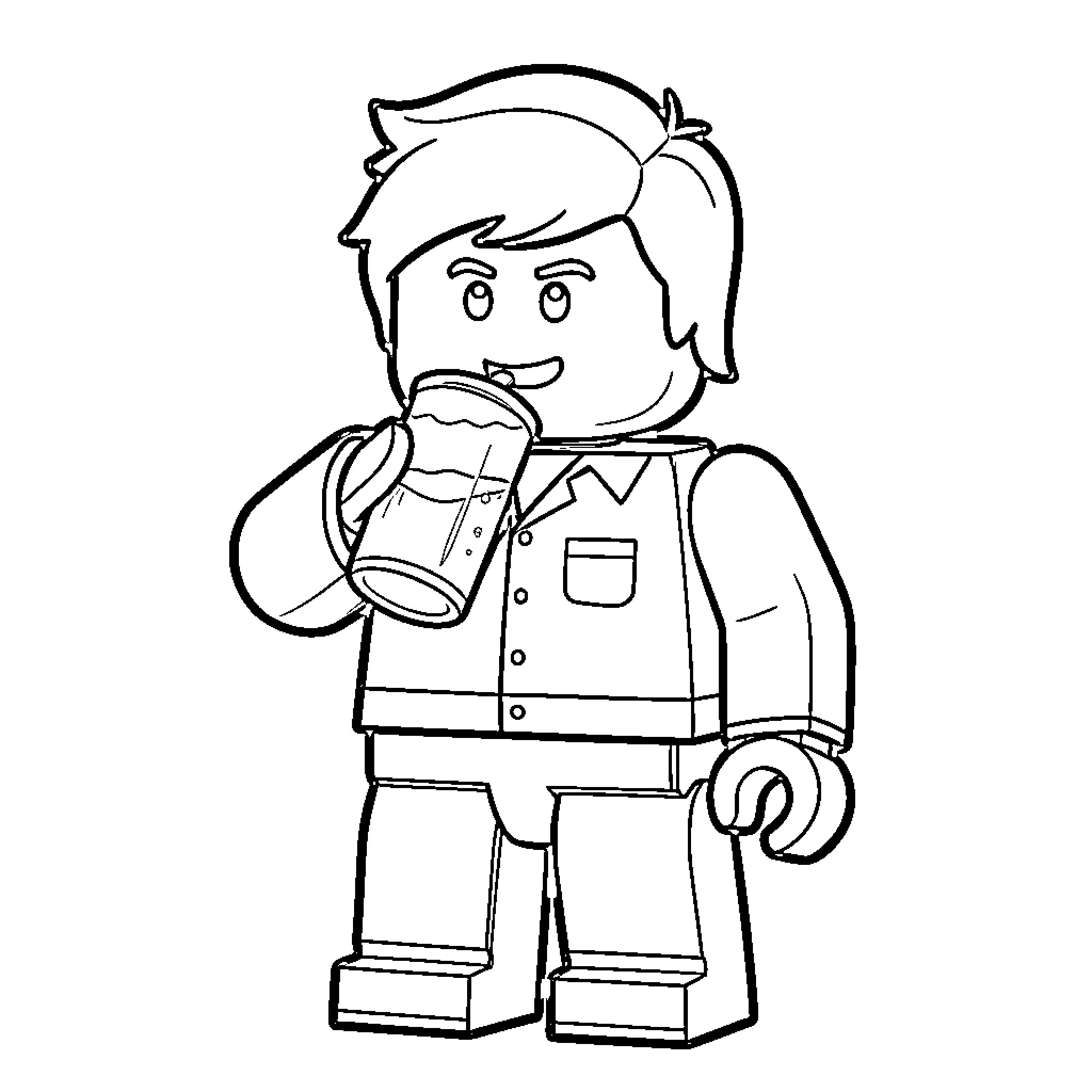 Roblox Character happily drinking from a tall glass Coloring Page (free black-and-white line drawing printable PDF for all, from beginners to advanced learners, including children, teens, adults, and seniors)
