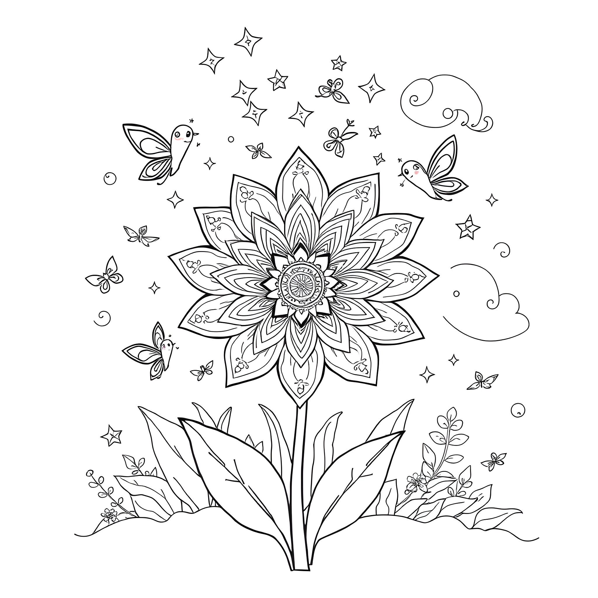 Flower fantasy with butterflies and stars Coloring Page (free black-and-white line drawing printable PDF for all, from beginners to advanced learners, including children, teens, adults, and seniors)