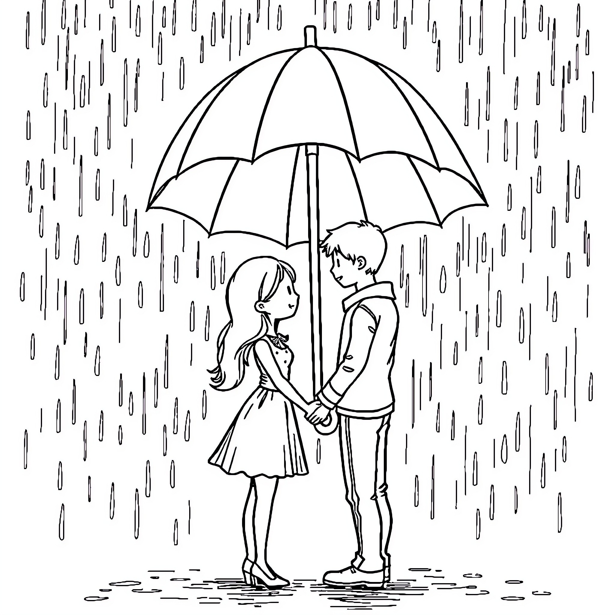 Couple sharing an umbrella in the rain Coloring Page (free black-and-white line drawing printable PDF for all, from beginners to advanced learners, including children, teens, adults, and seniors)