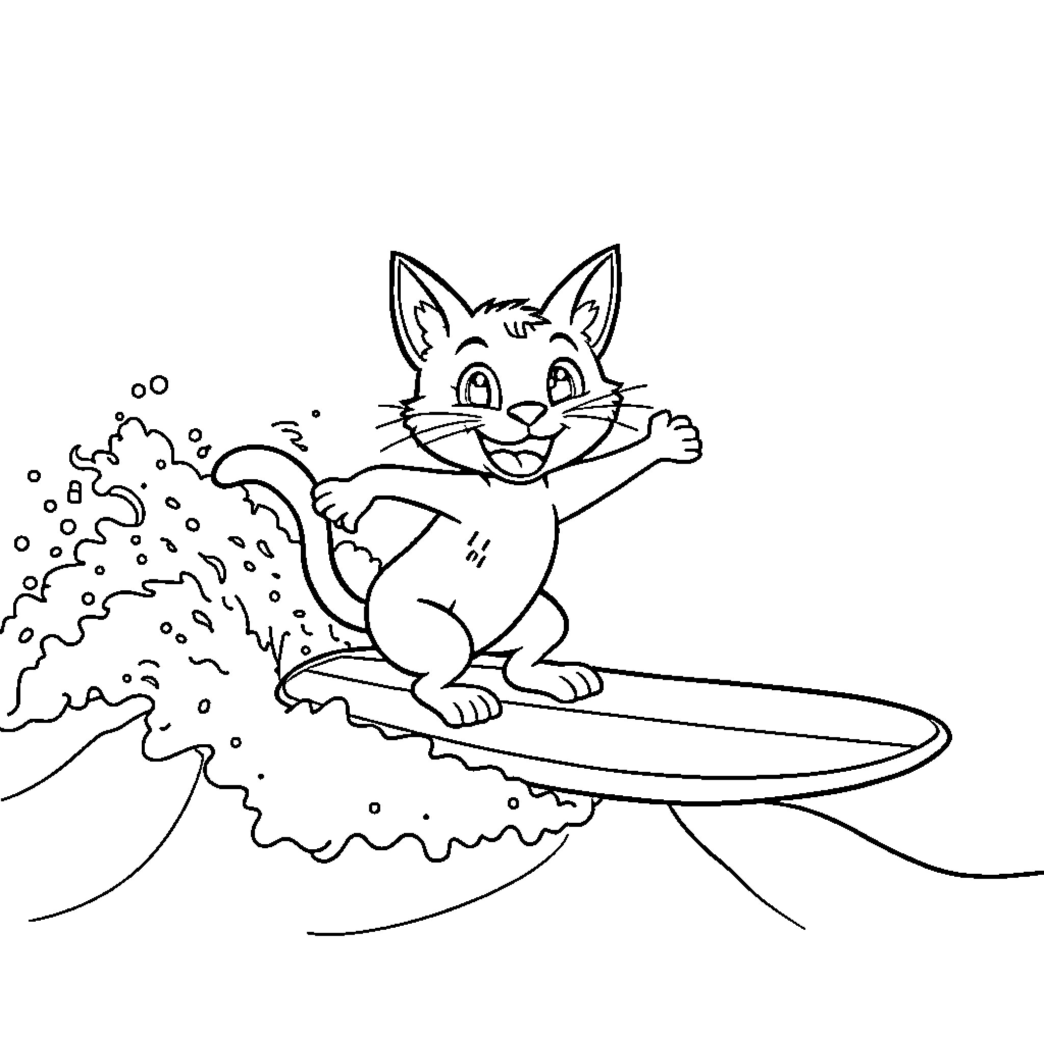 Cat surfing joyfully through waves Coloring Page (free black-and-white line drawing printable PDF for all, from beginners to advanced learners, including children, teens, adults, and seniors)