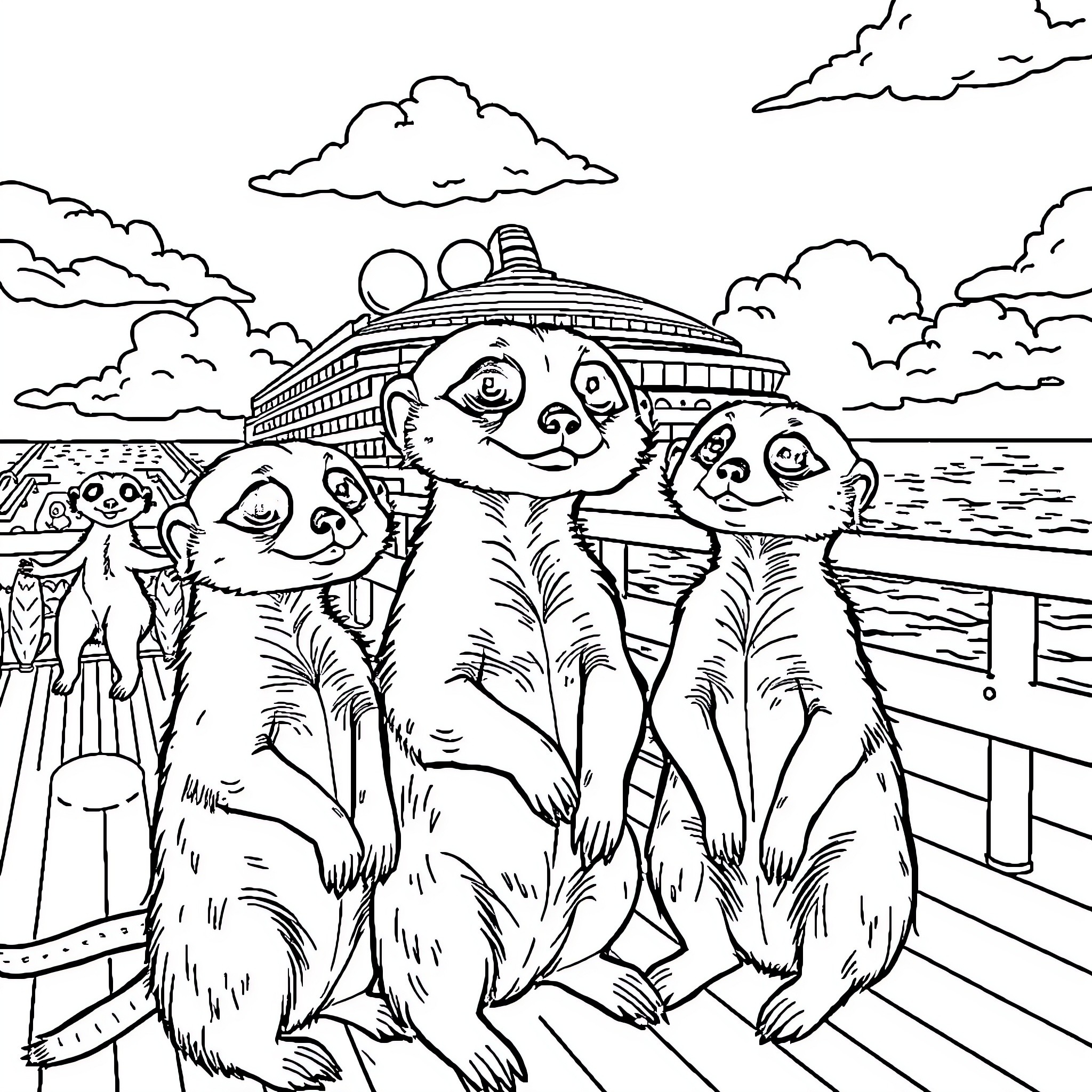 Meerkats enjoying a day at the seaside Coloring Page (free black-and-white line drawing printable PDF for all, from beginners to advanced learners, including children, teens, adults, and seniors)